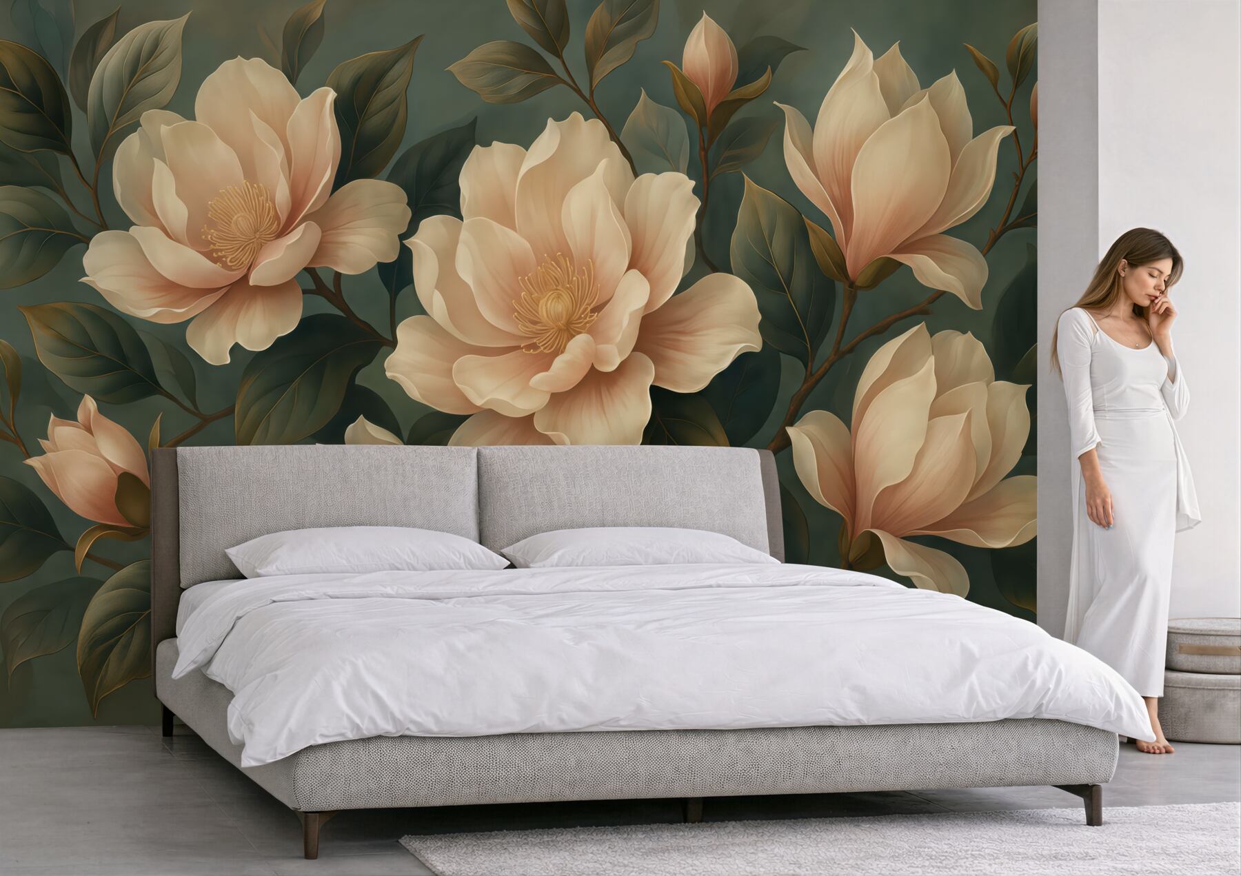 Fototapeta eleganckie magnolie na szmaragdowym tle