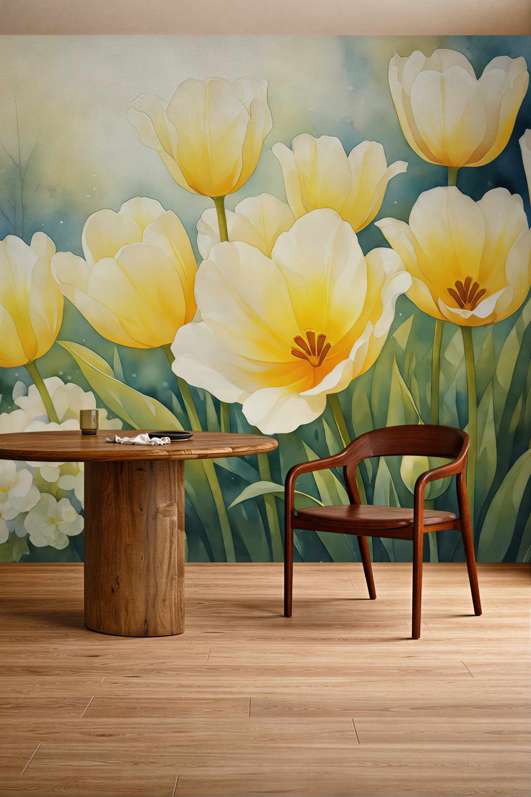 Fototapeta słoneczne tulipany w akwarelowym ogrodzie