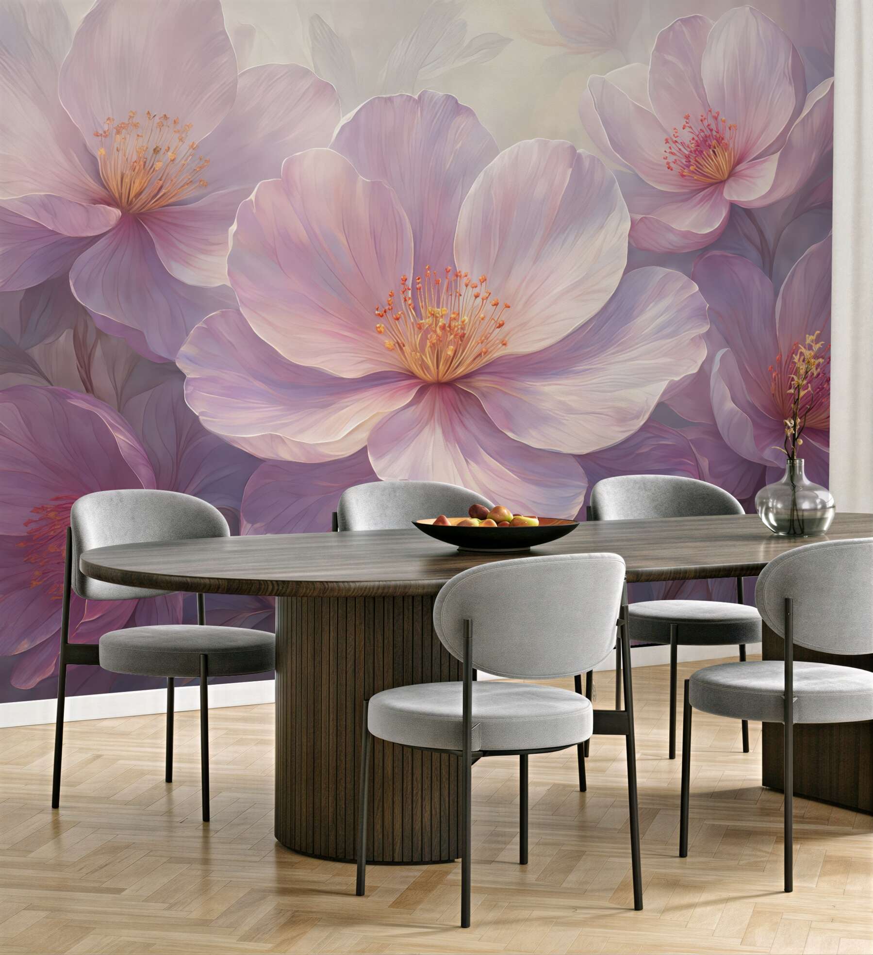 Fototapeta pudrowe kwiaty w romantycznej mgle