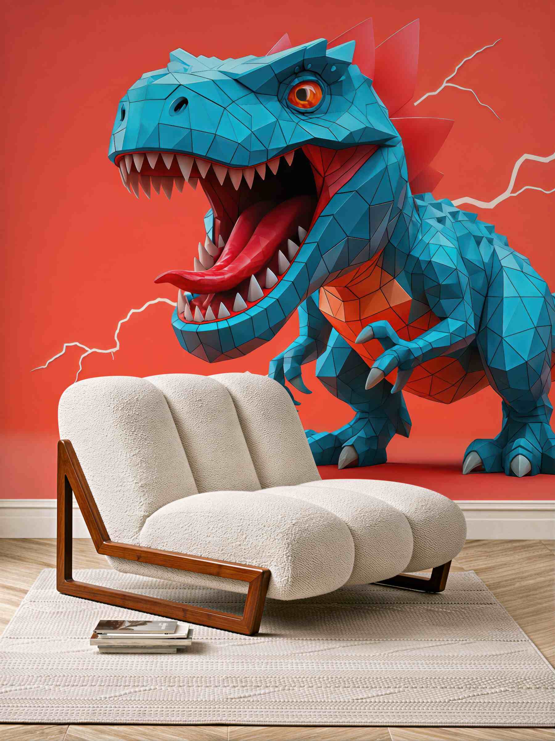 Fototapeta geometryczny turkusowy dinozaur na koralowym tle