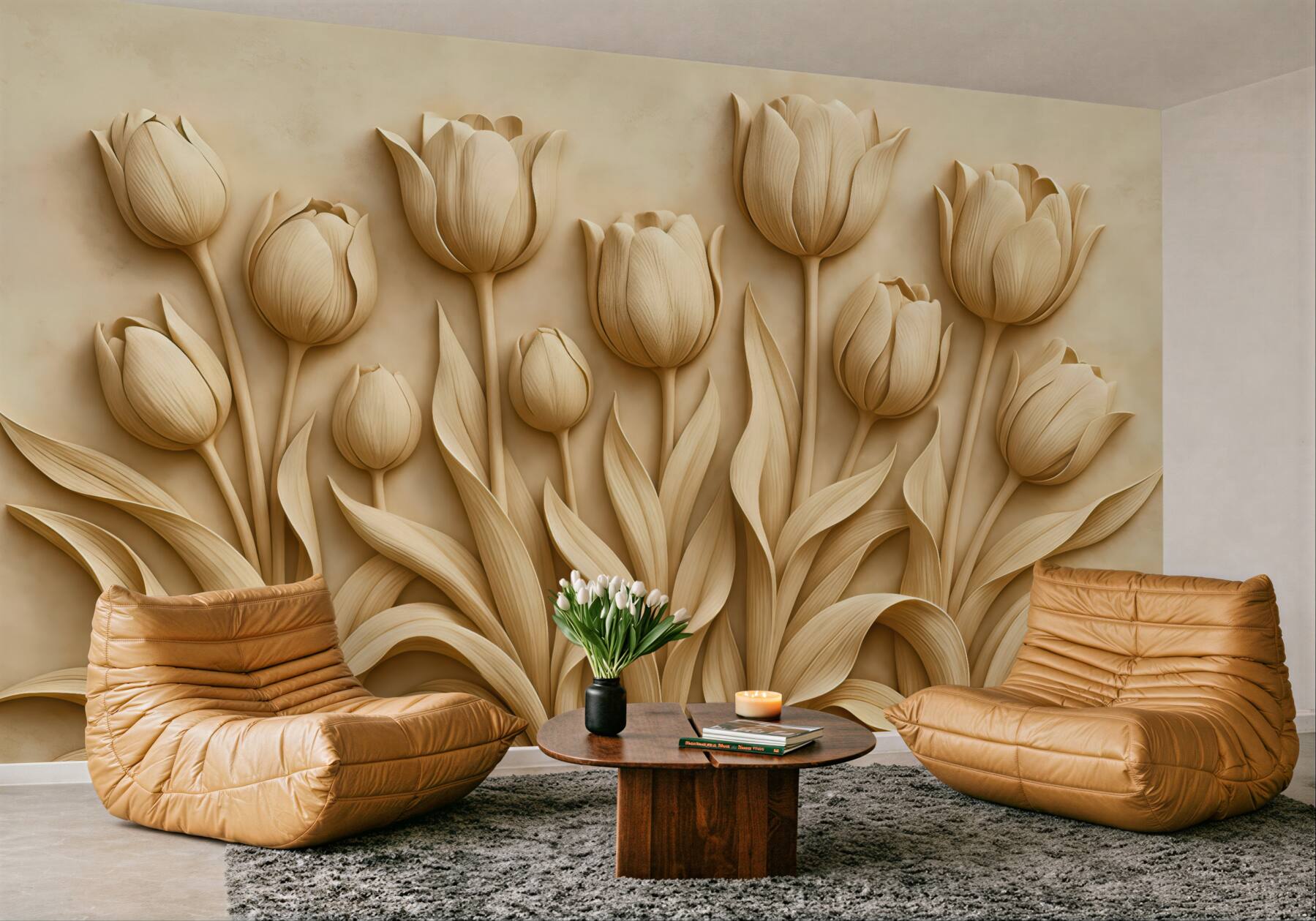 Fototapeta beżowe tulipany w eleganckim reliefie
