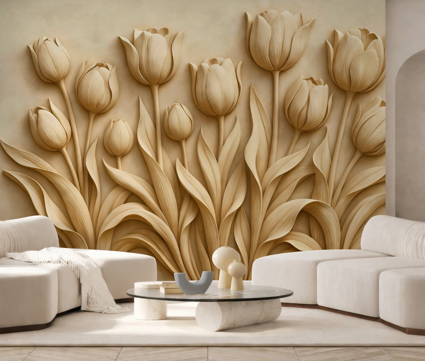 Fototapeta beżowe tulipany w eleganckim reliefie