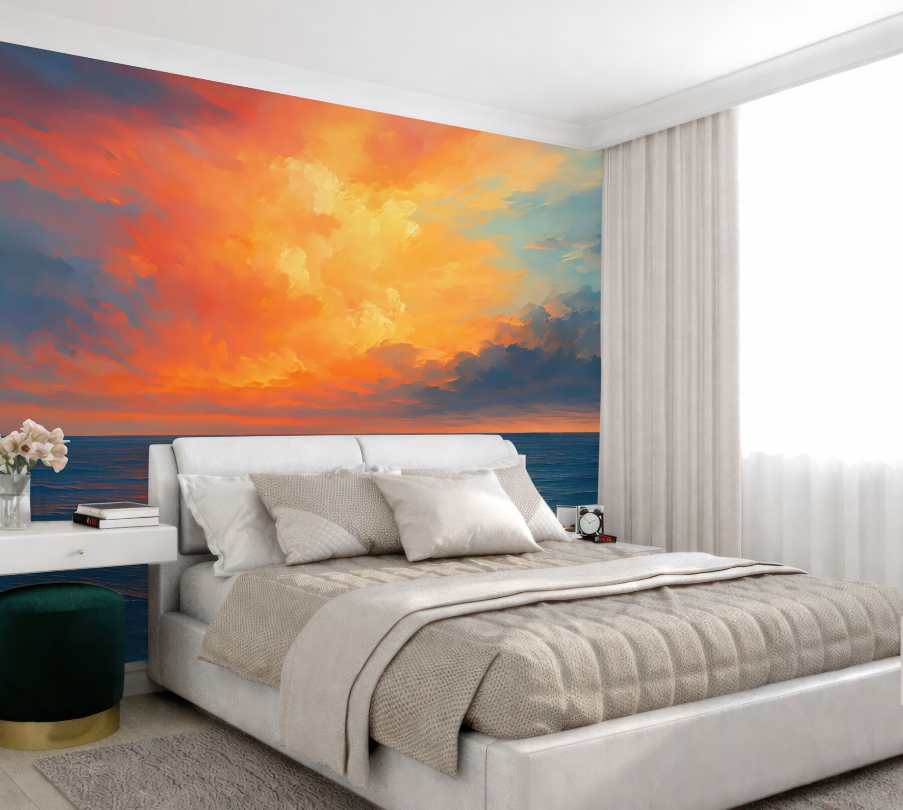 Fototapeta płomienny zachód nad spokojnym morzem