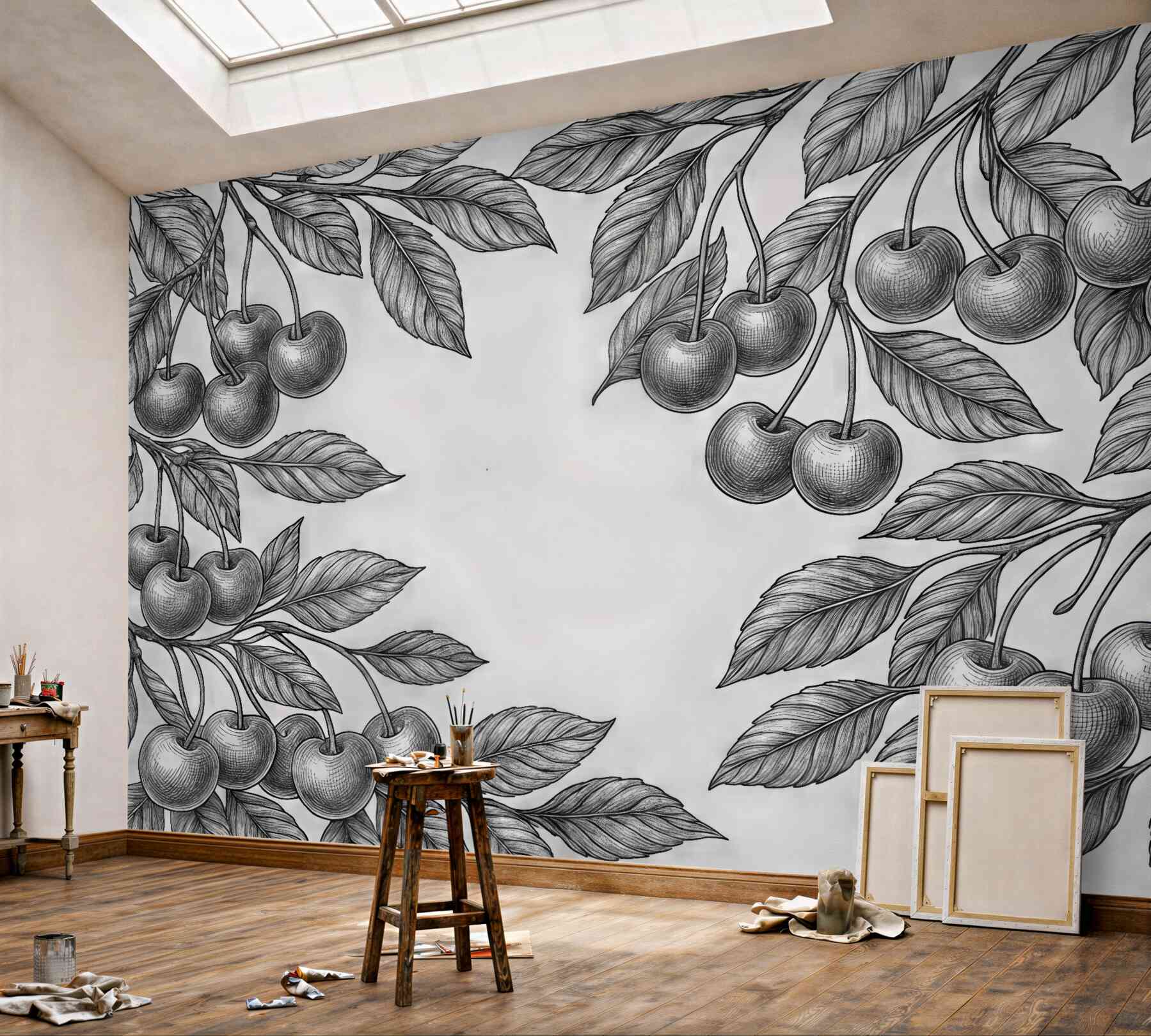 Fototapeta grafitowe wiśnie w botanicznym szkicu