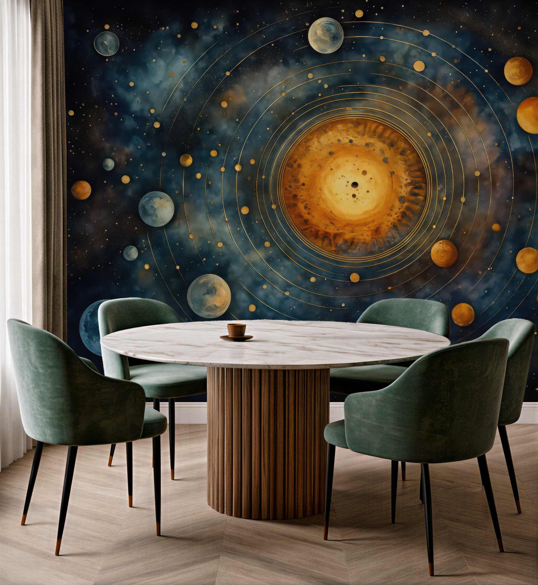 Fototapeta kosmiczny układ planet wokół złotego słońca