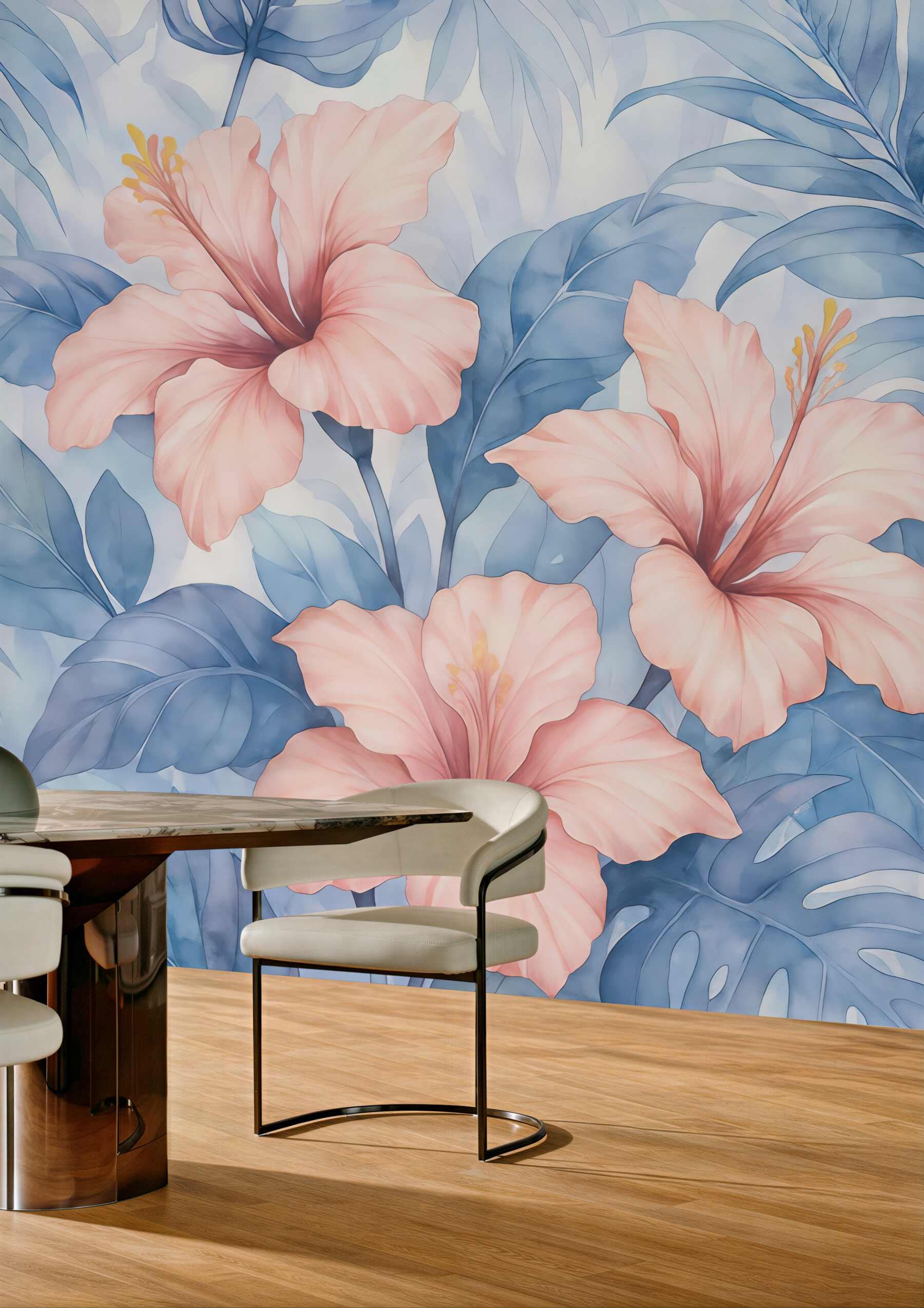 Fototapeta tropikalne hibiskusy w błękitnych liściach