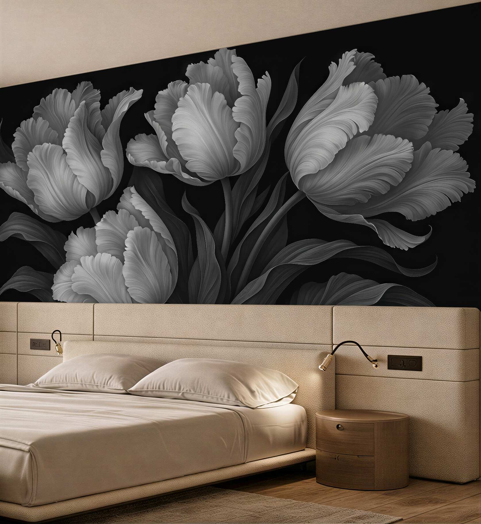 Fototapeta srebrzyste tulipany w eleganckim mroku