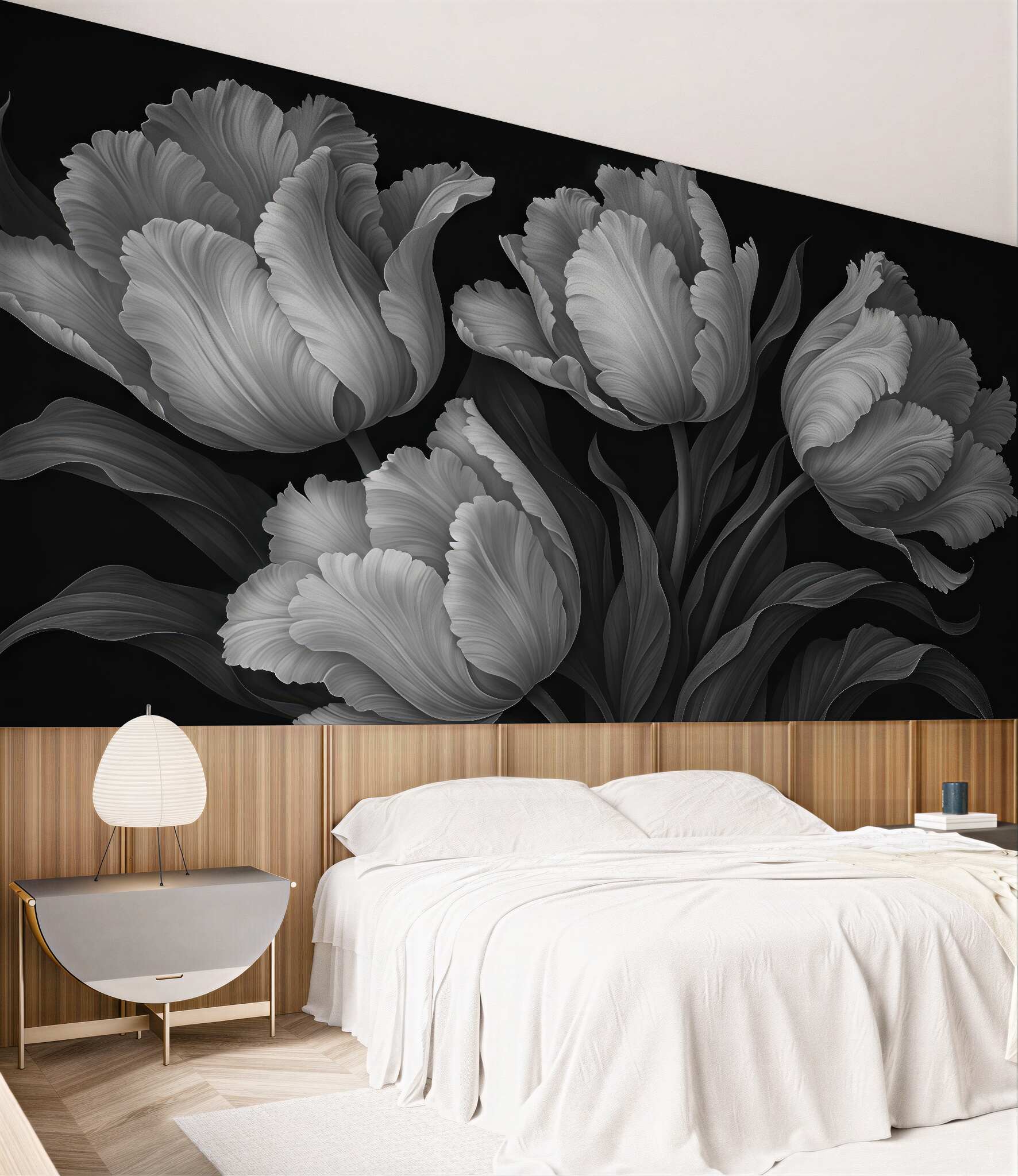 Fototapeta srebrzyste tulipany w eleganckim mroku