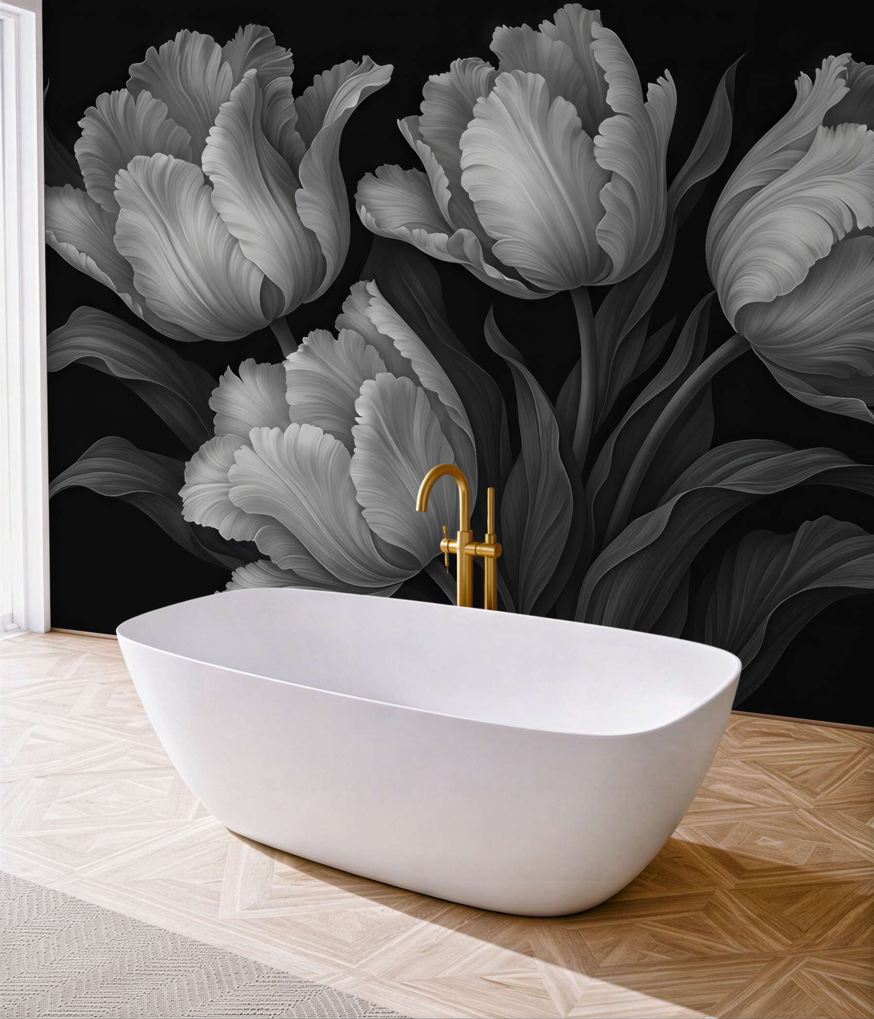 Fototapeta srebrzyste tulipany w eleganckim mroku