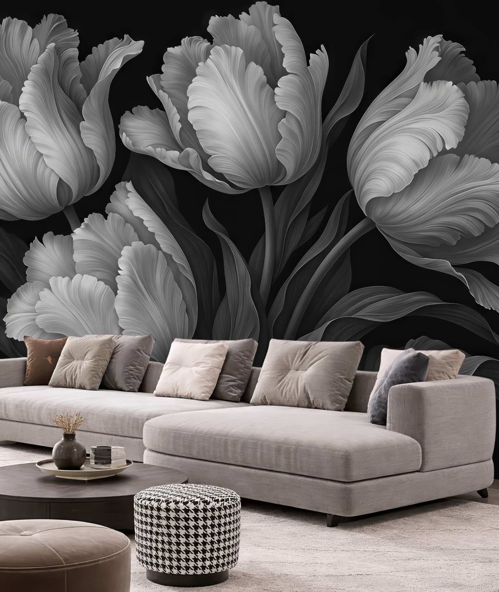 Fototapeta srebrzyste tulipany w eleganckim mroku