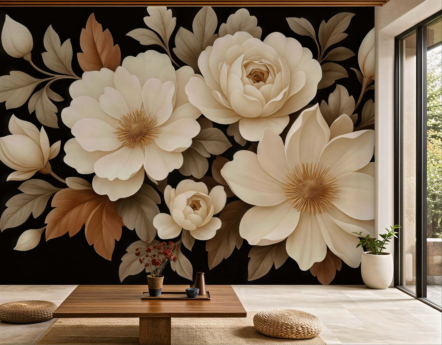 Fototapeta kremowe kwiaty na czarnym tle