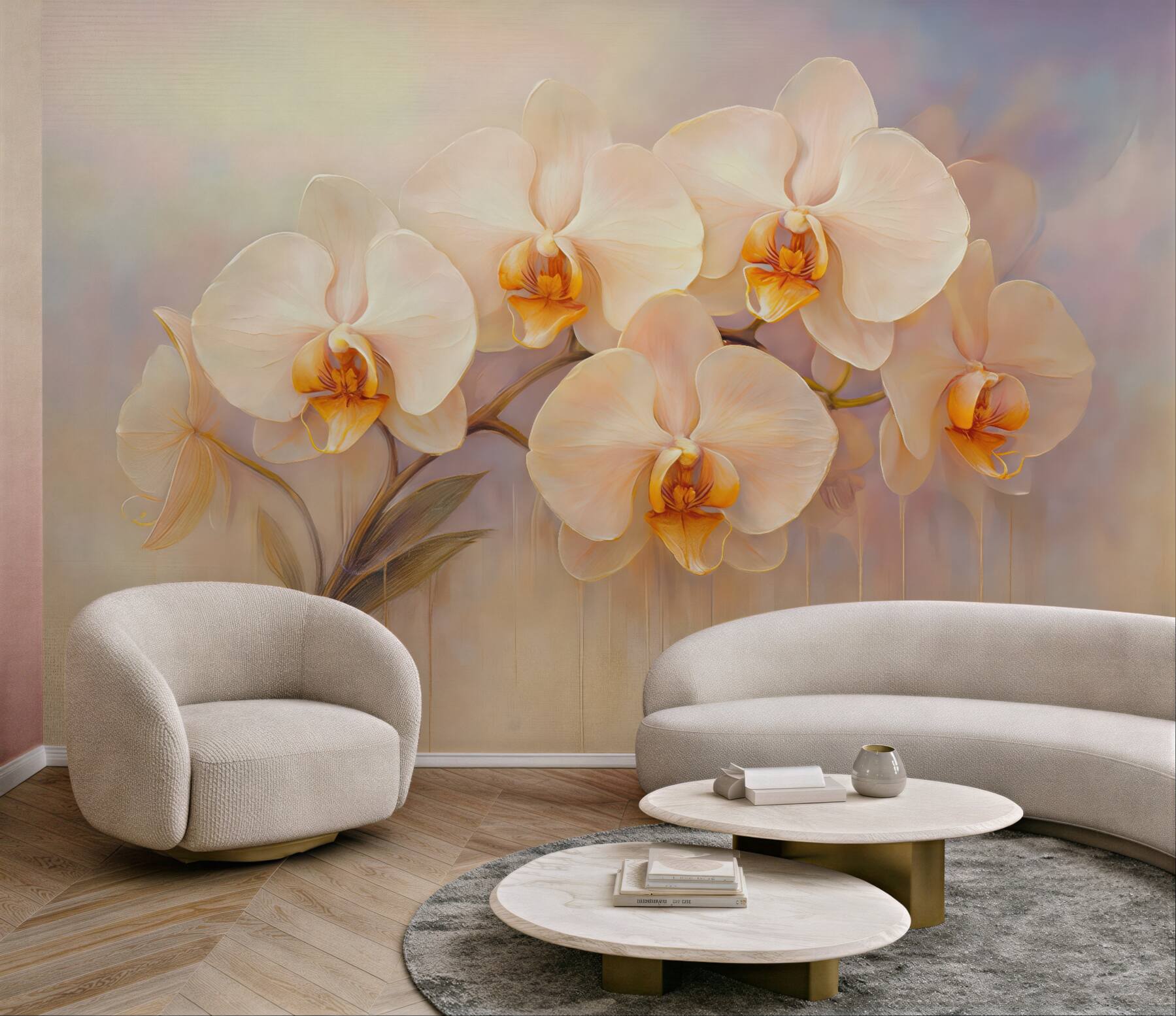 Fototapeta kremowe orchidee w złocistej elegancji