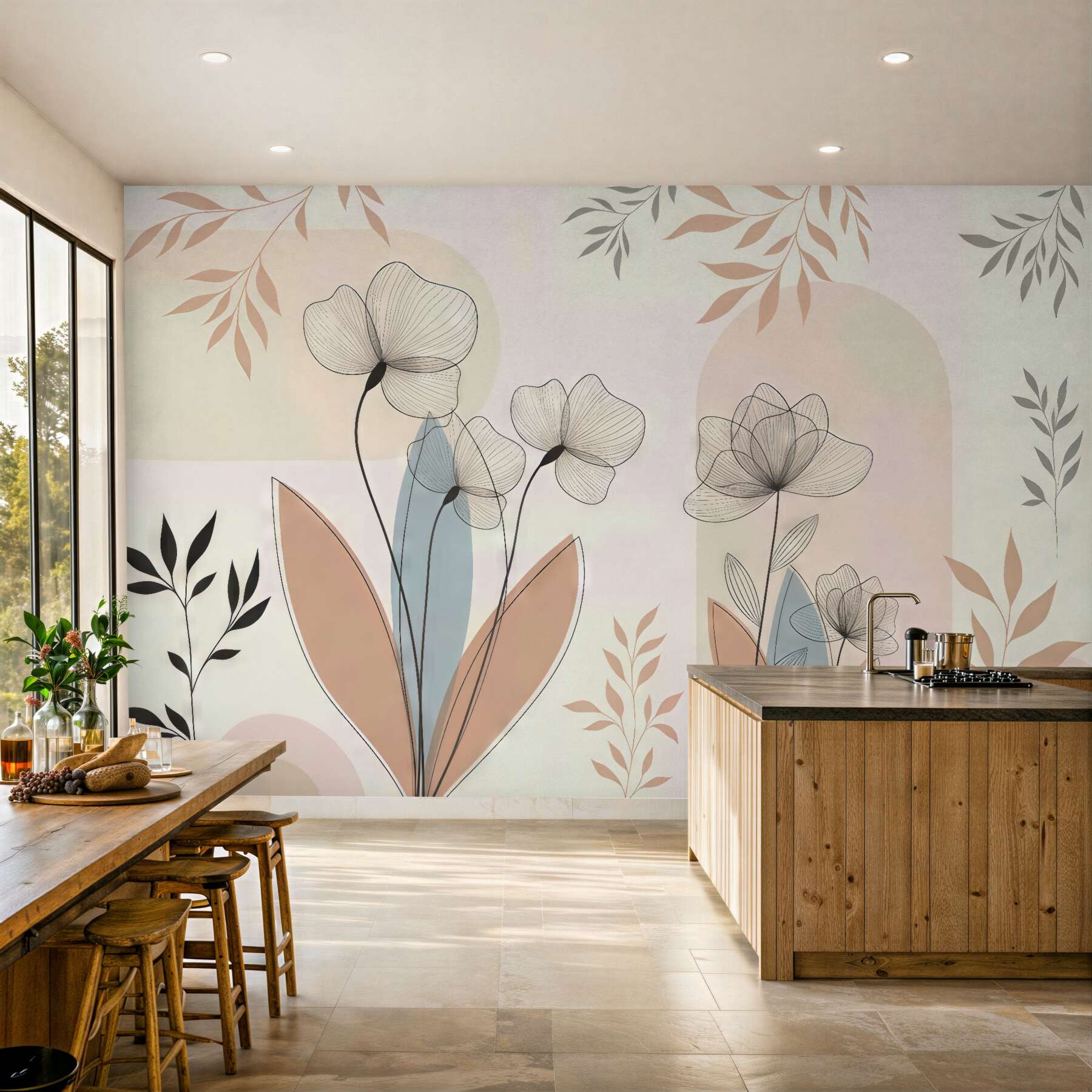 Fototapeta pastelowe kwiaty i liście boho