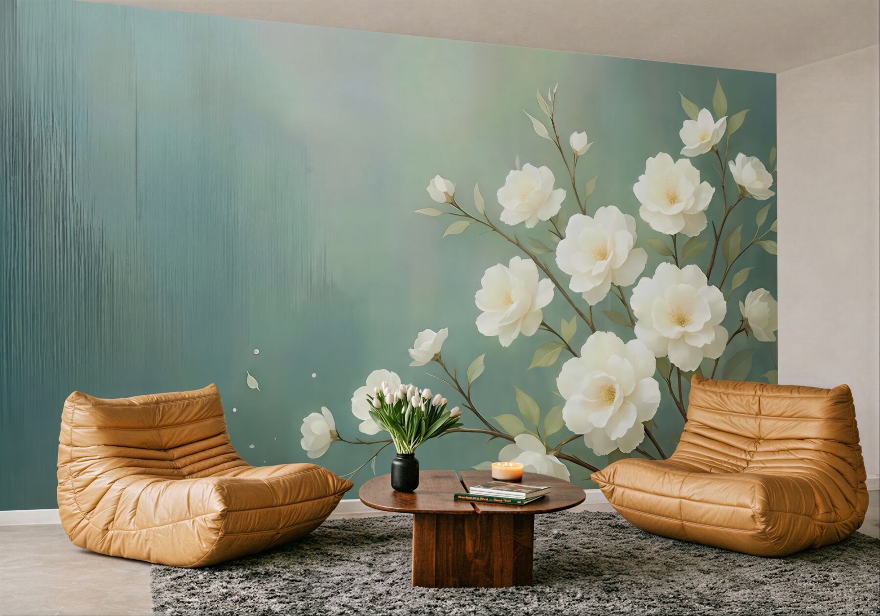 Fototapeta białe kwiaty na miętowym tle
