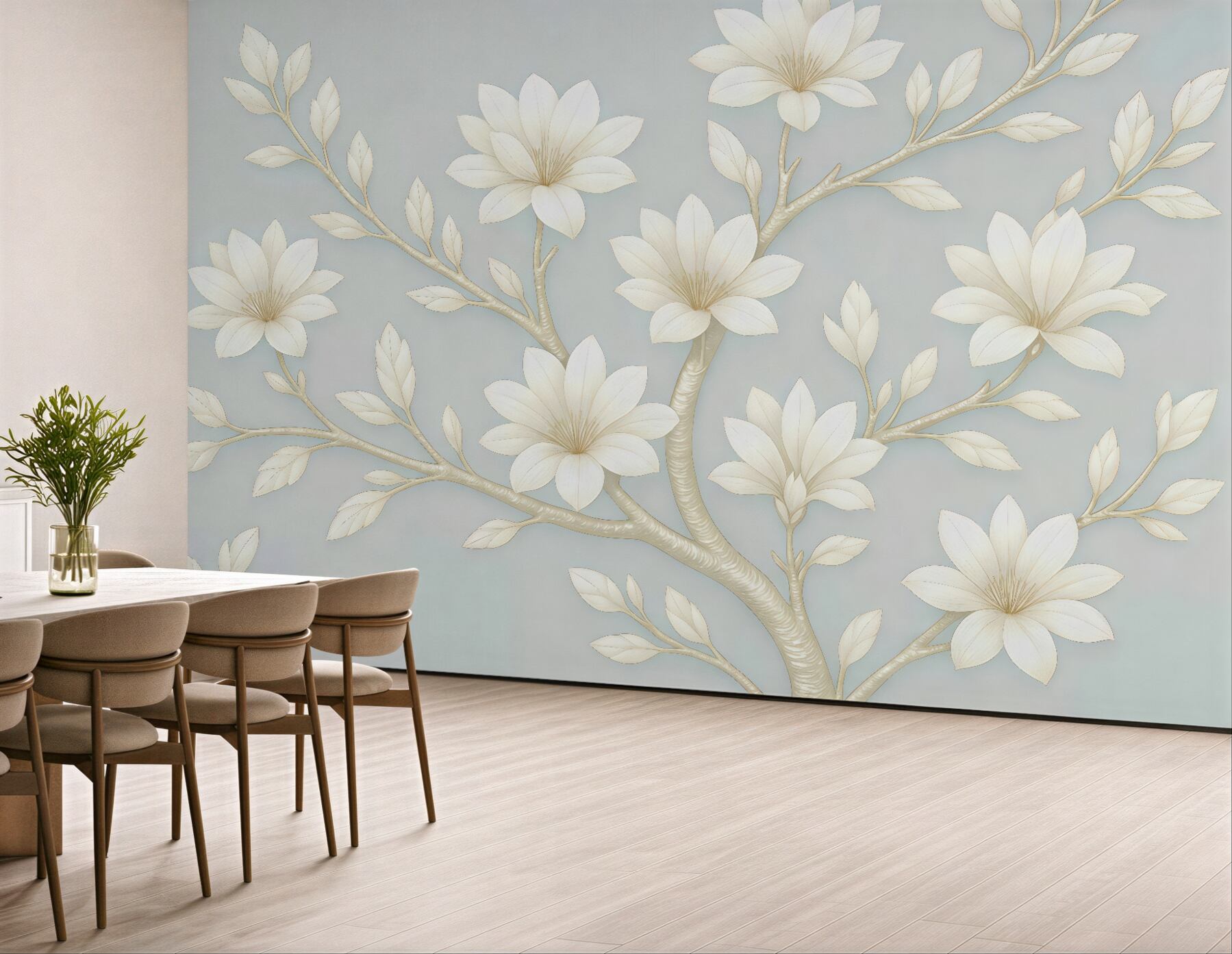 Fototapeta kremowe magnolie na błękitnych gałęziach