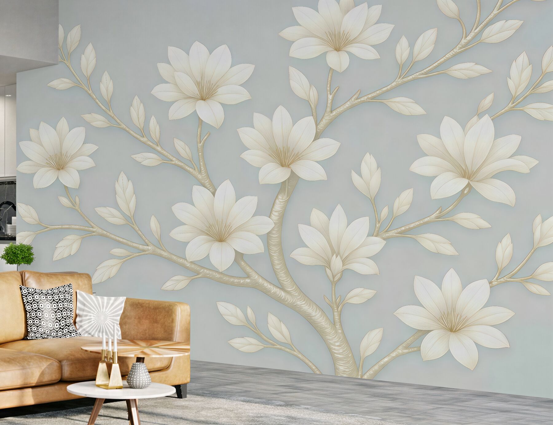 Fototapeta kremowe magnolie na błękitnych gałęziach