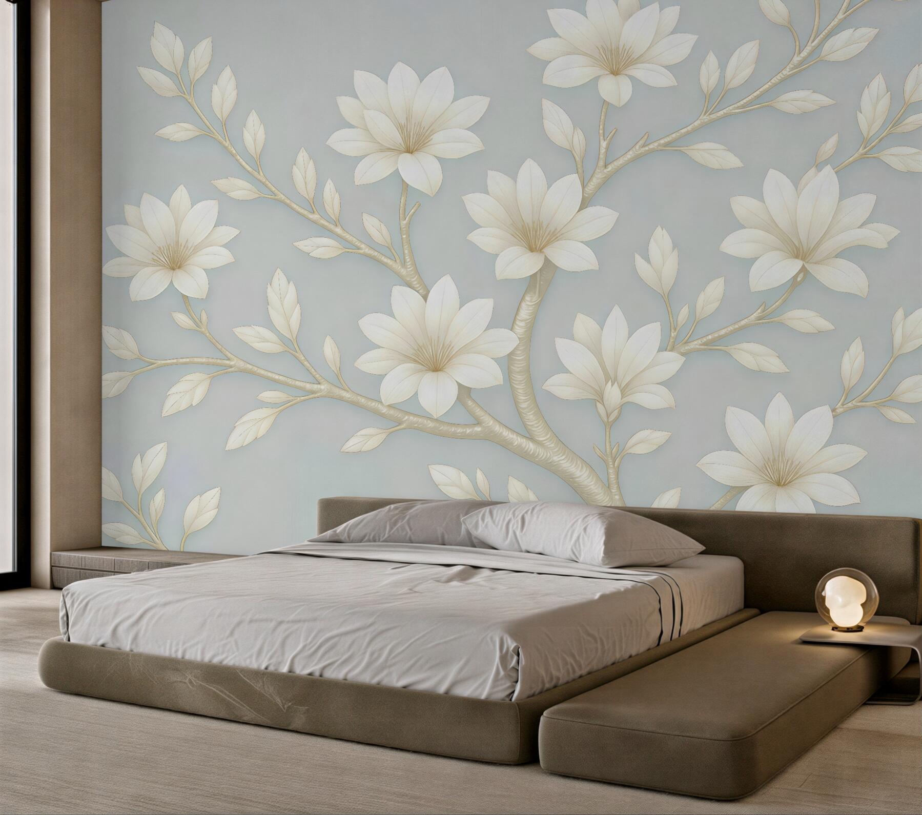Fototapeta kremowe magnolie na błękitnych gałęziach