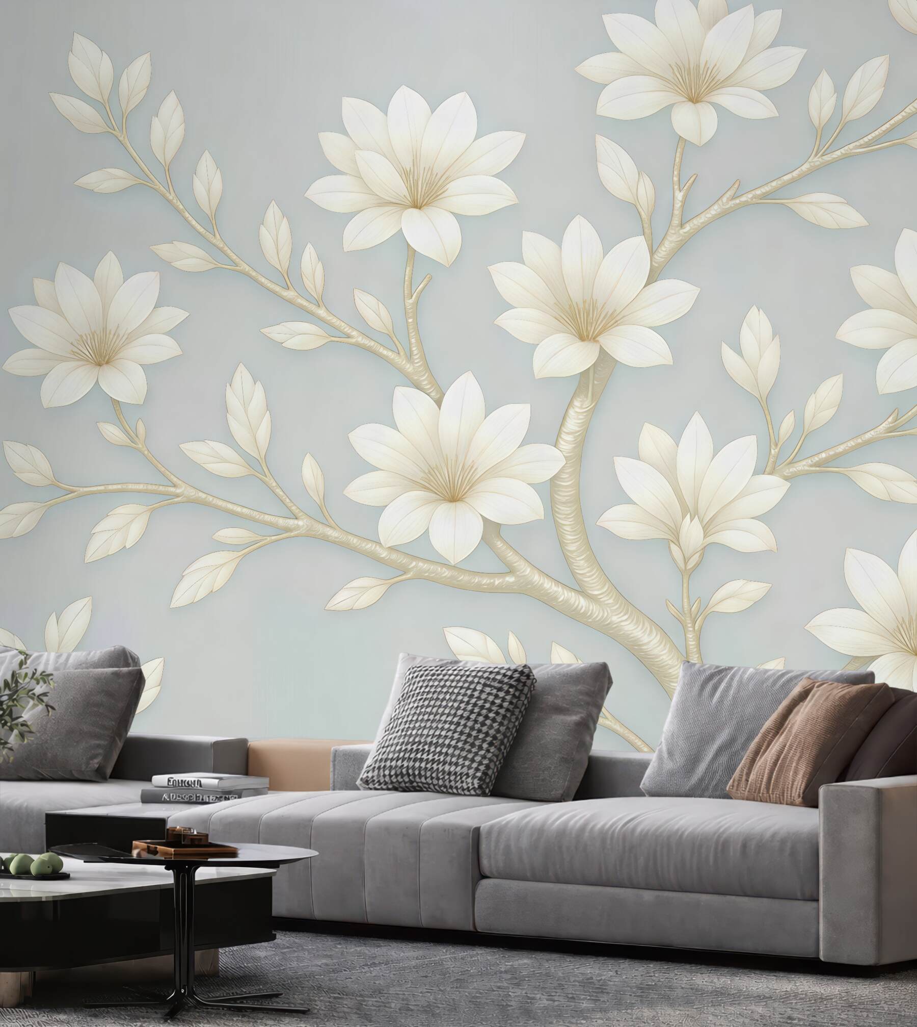 Fototapeta kremowe magnolie na błękitnych gałęziach