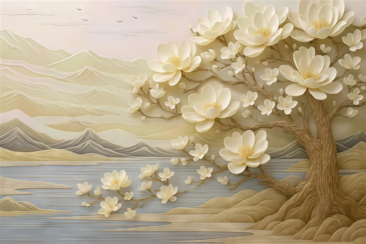 Fototapeta kremowa magnolia nad spokojnym jeziorem
