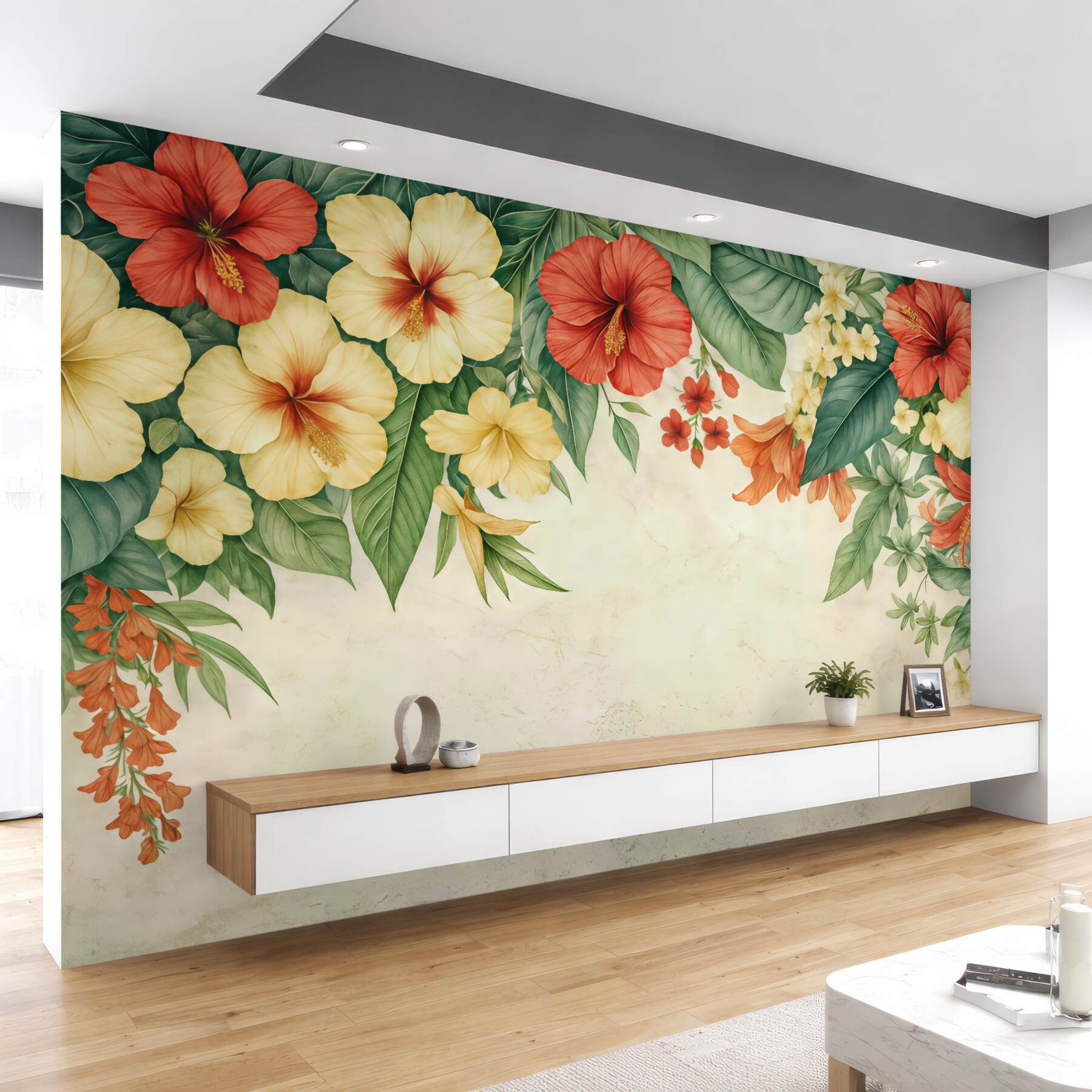 Fototapeta tropikalne hibiskusy w ciepłych barwach