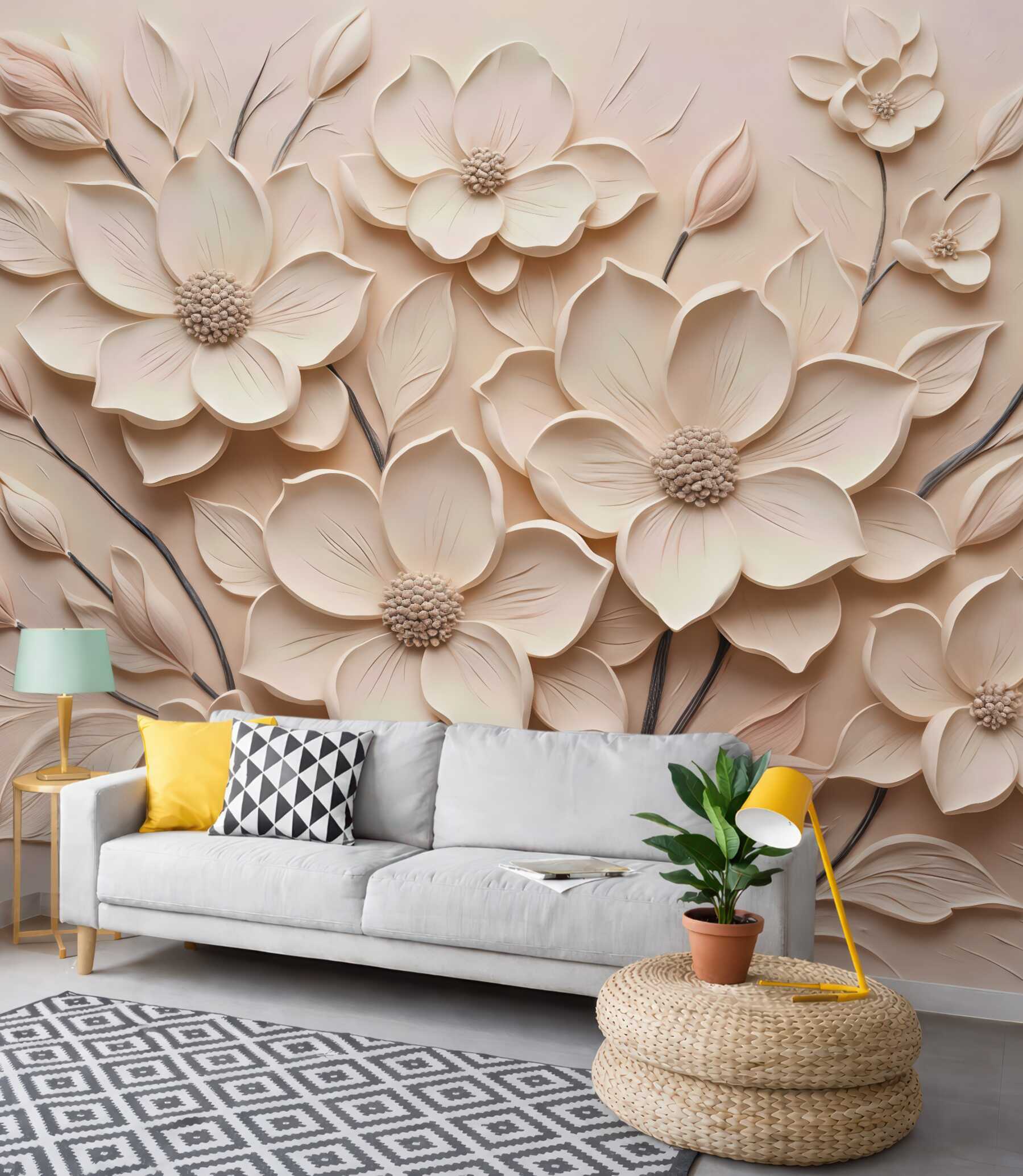 Fototapeta kremowe kwiaty w subtelnym reliefie