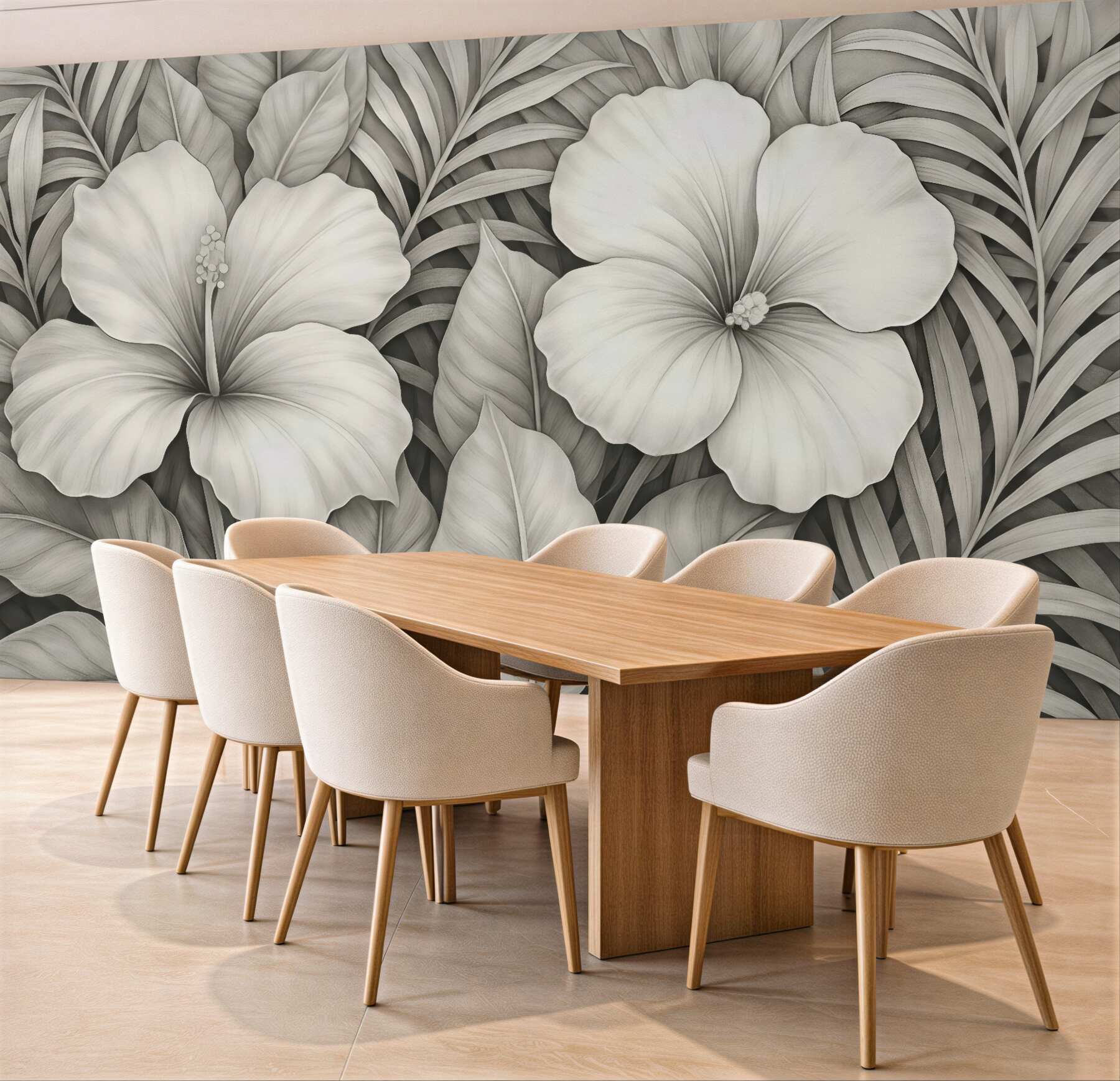 Fototapeta kremowe hibiskusy w tropikalnych liściach