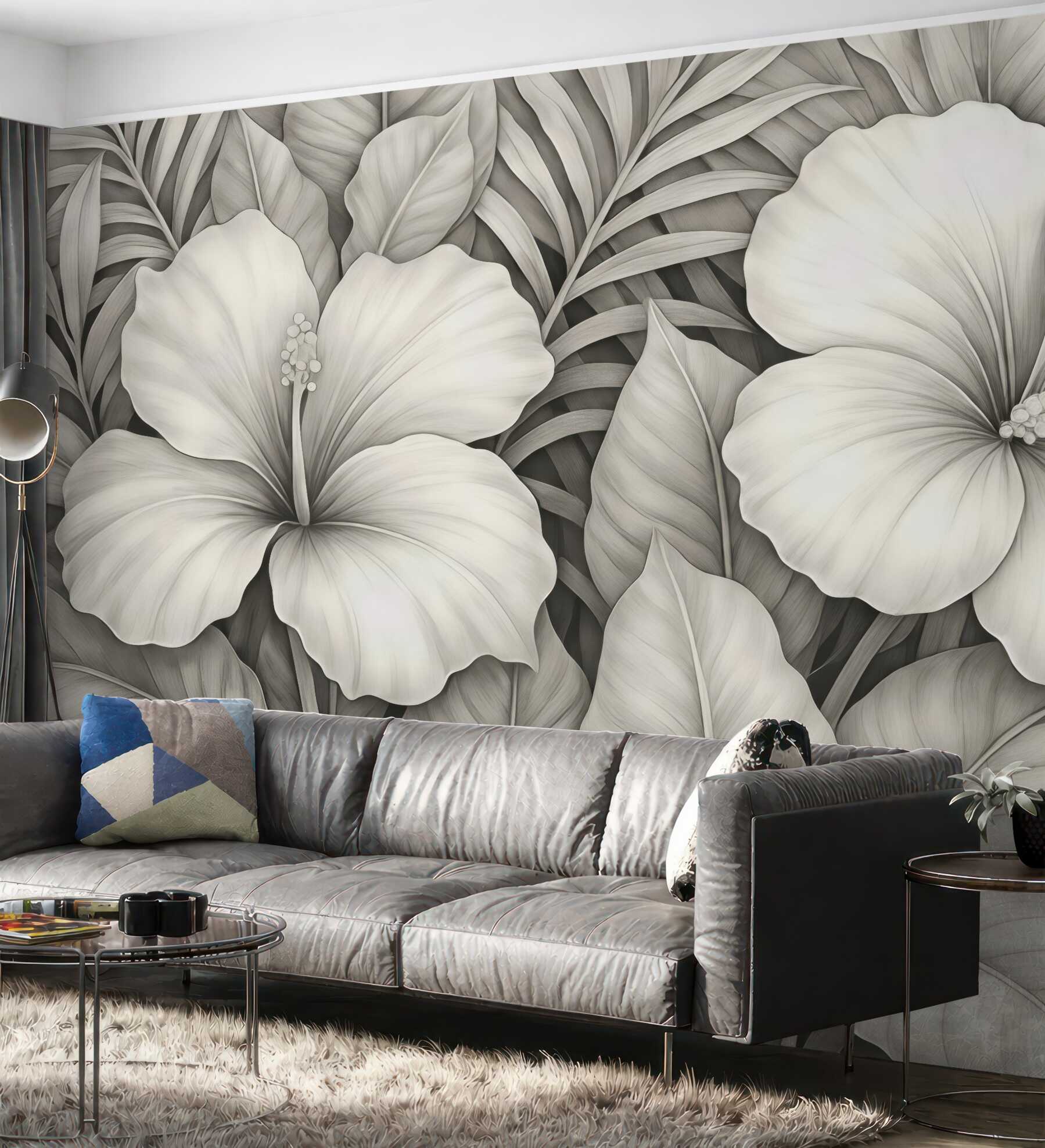 Fototapeta kremowe hibiskusy w tropikalnych liściach