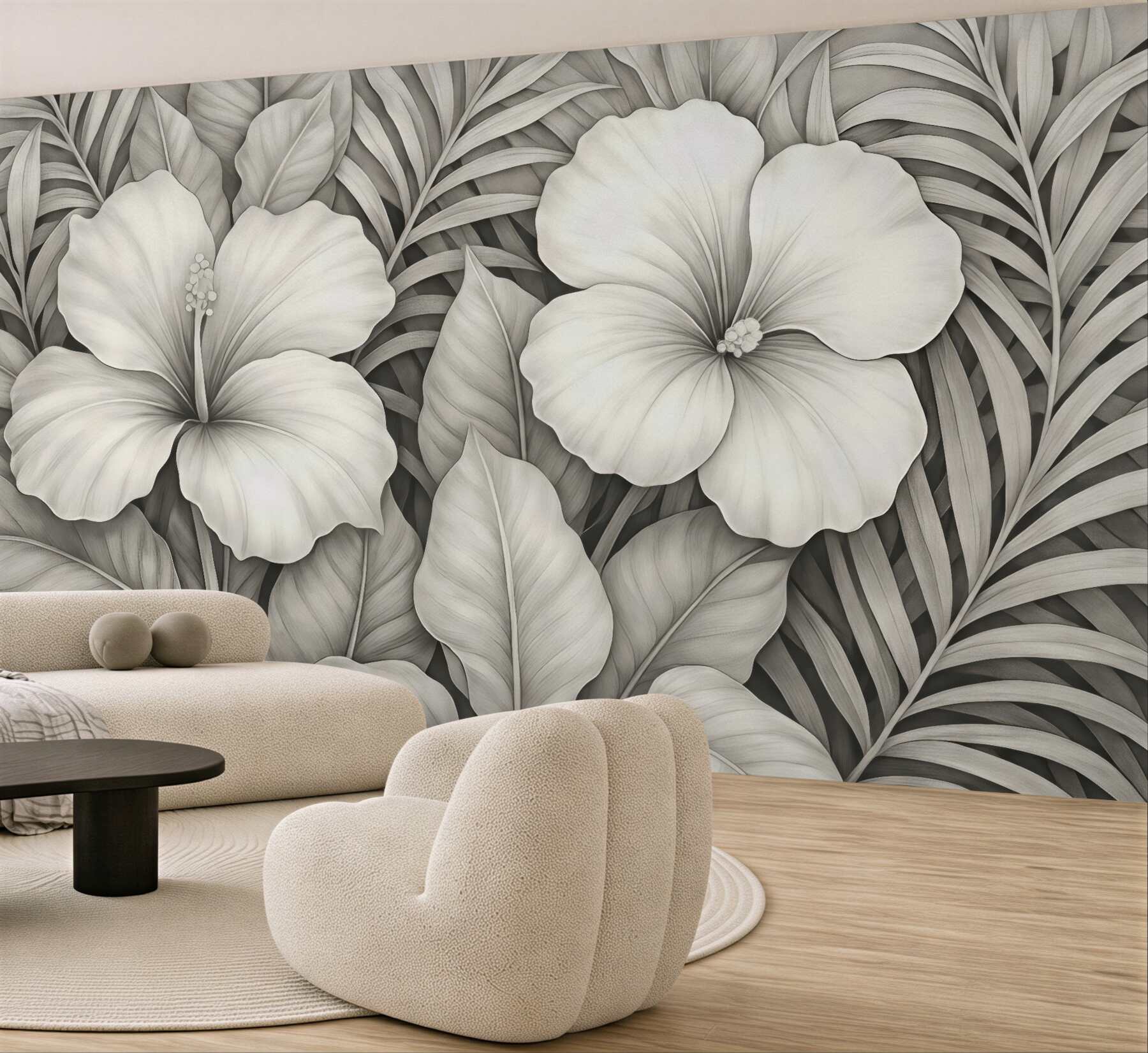 Fototapeta kremowe hibiskusy w tropikalnych liściach