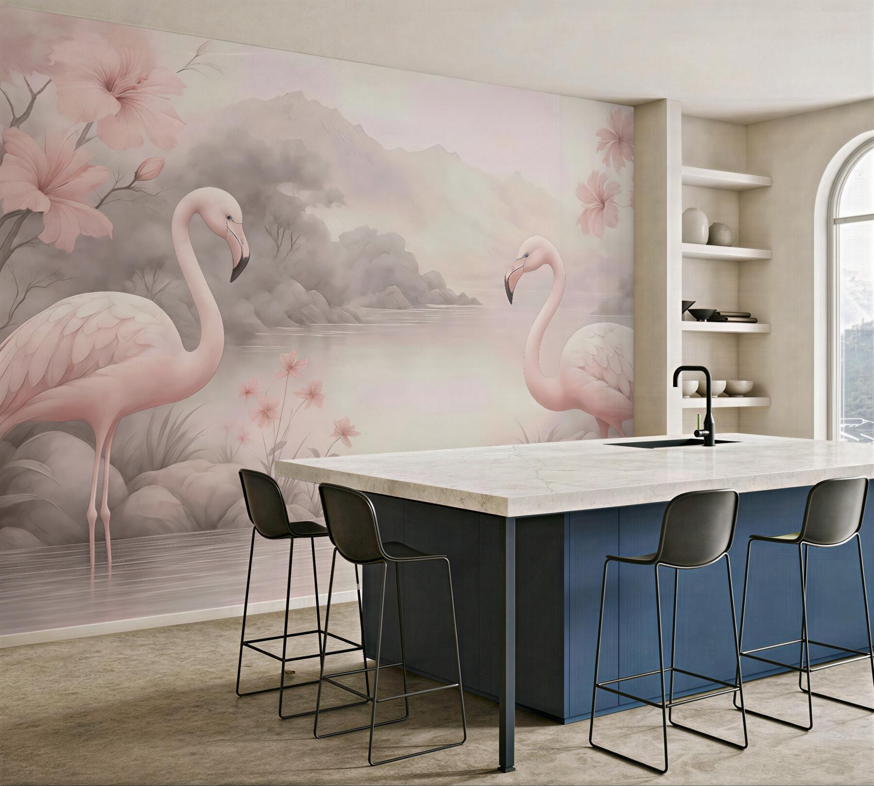 Fototapeta pastelowe flamingi nad spokojnym jeziorem