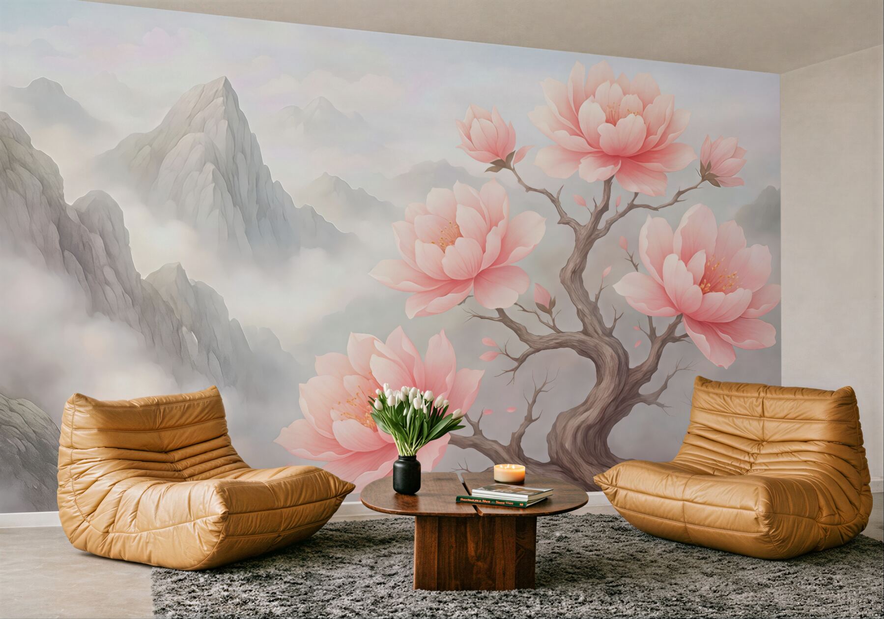 Fototapeta pastelowe magnolie w górskiej mgle