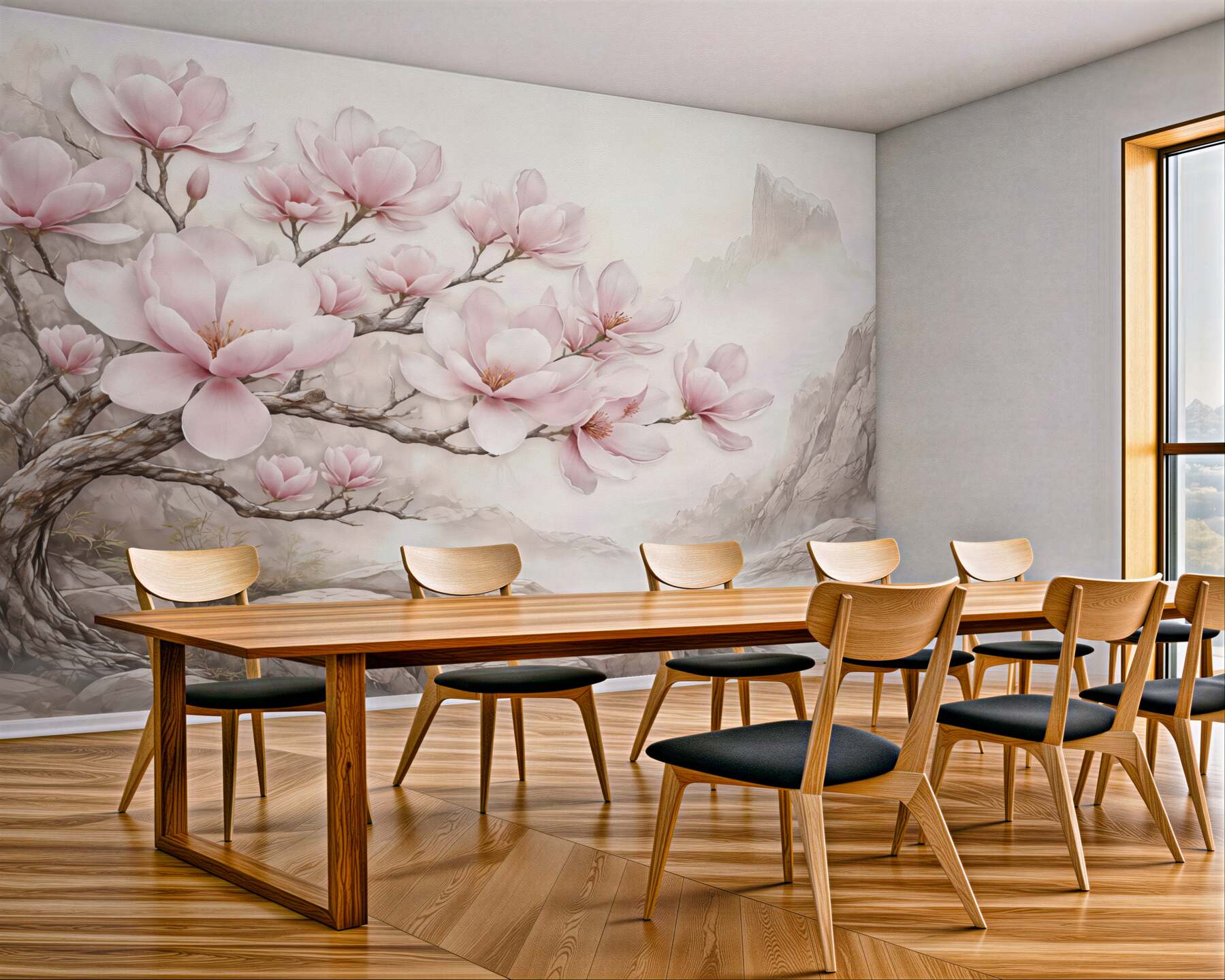 Fototapeta różowe magnolie w mglistych górach
