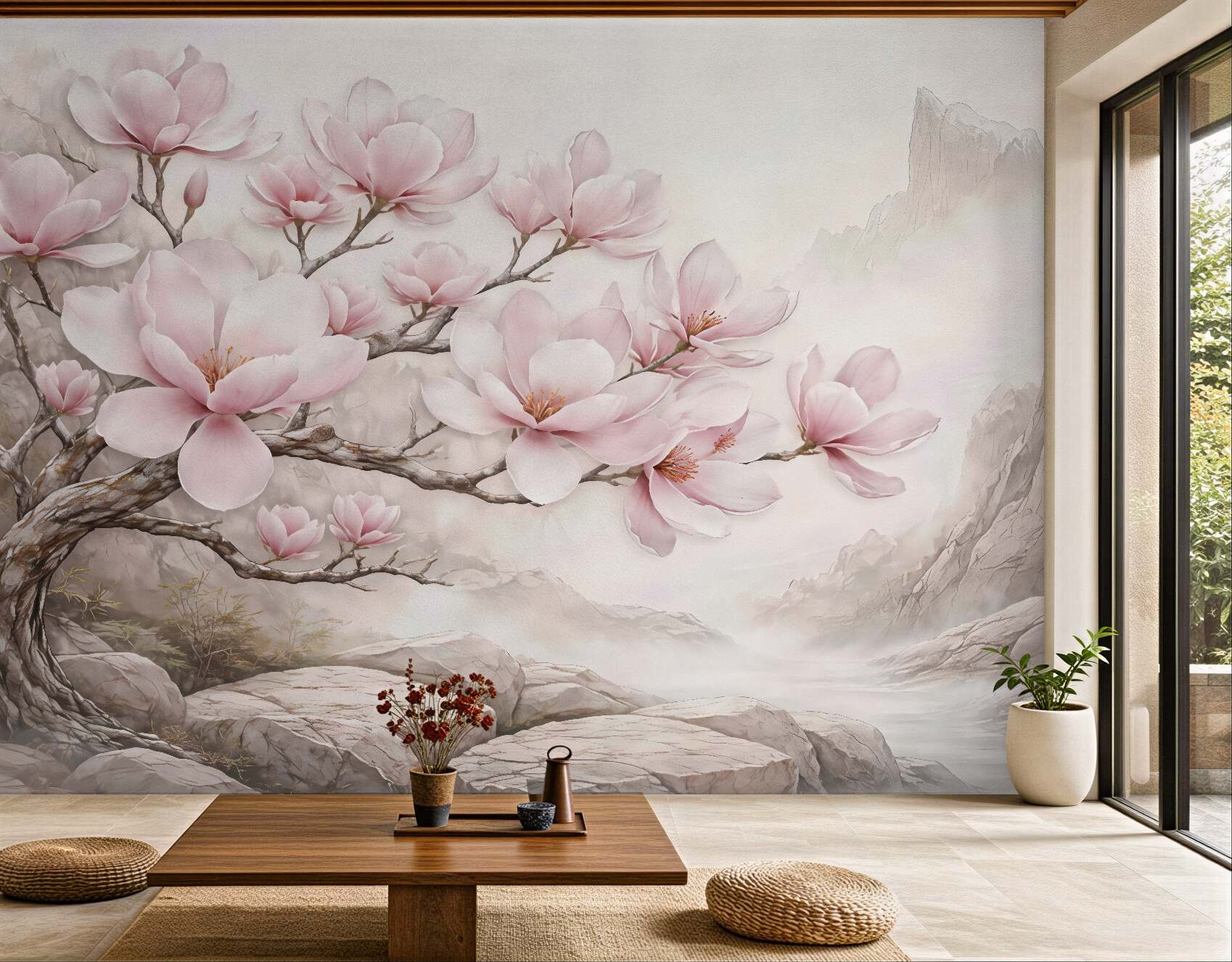 Fototapeta różowe magnolie w mglistych górach