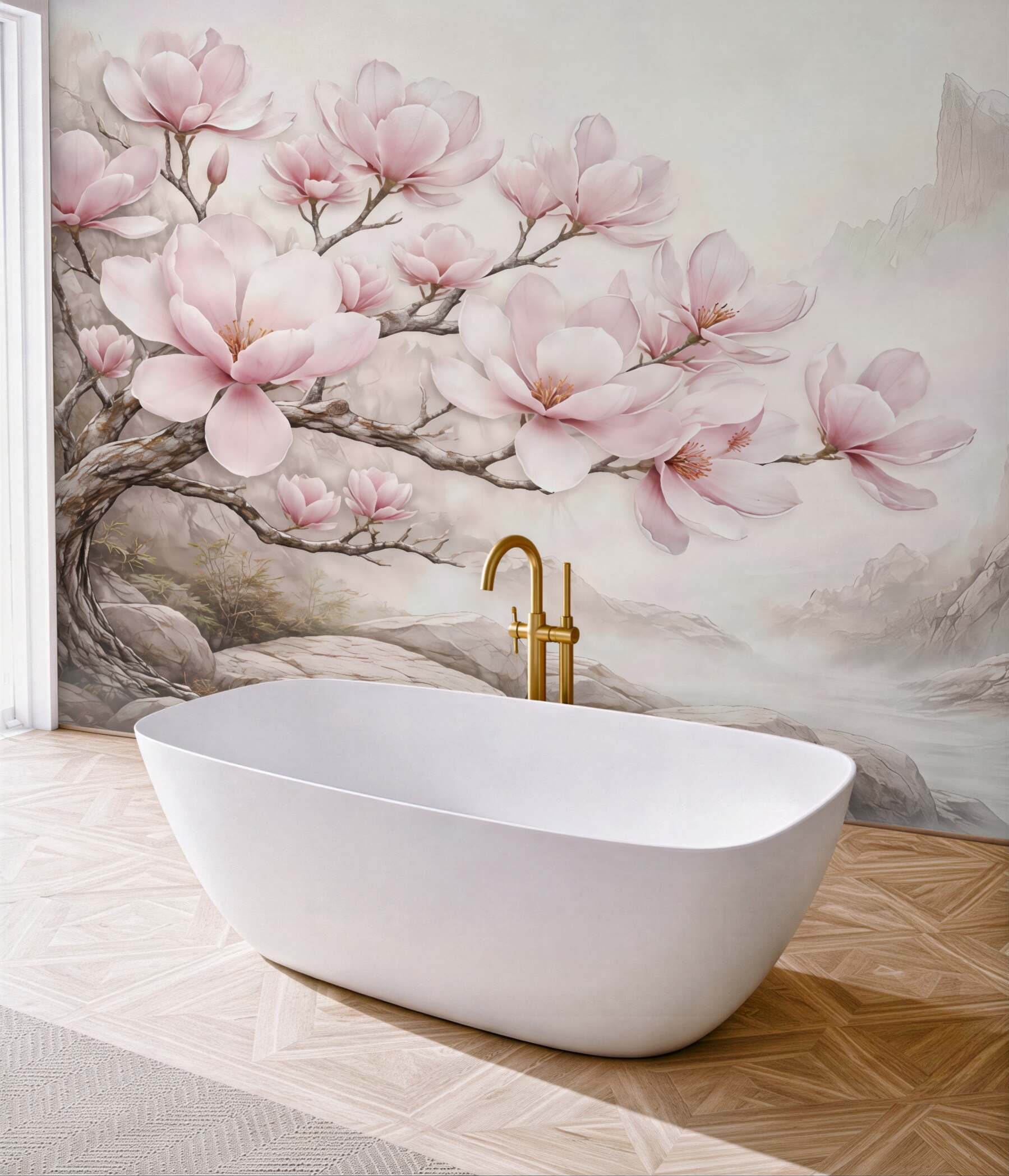 Fototapeta różowe magnolie w mglistych górach