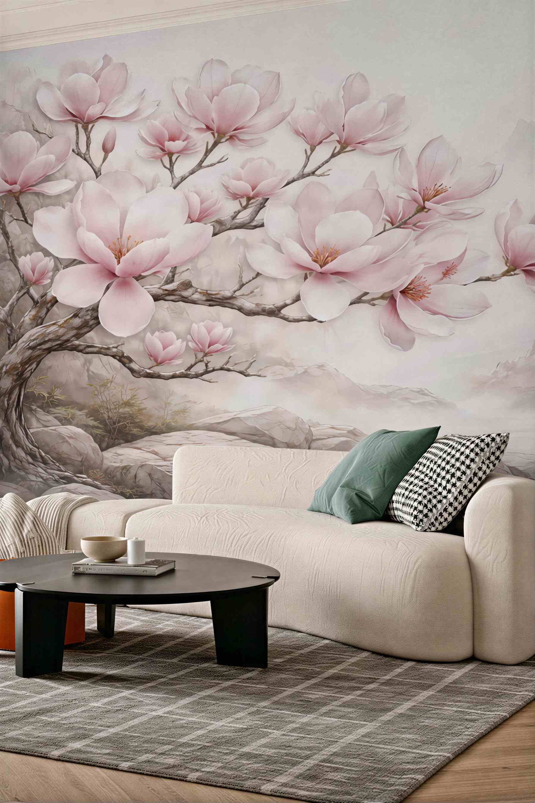 Fototapeta różowe magnolie w mglistych górach