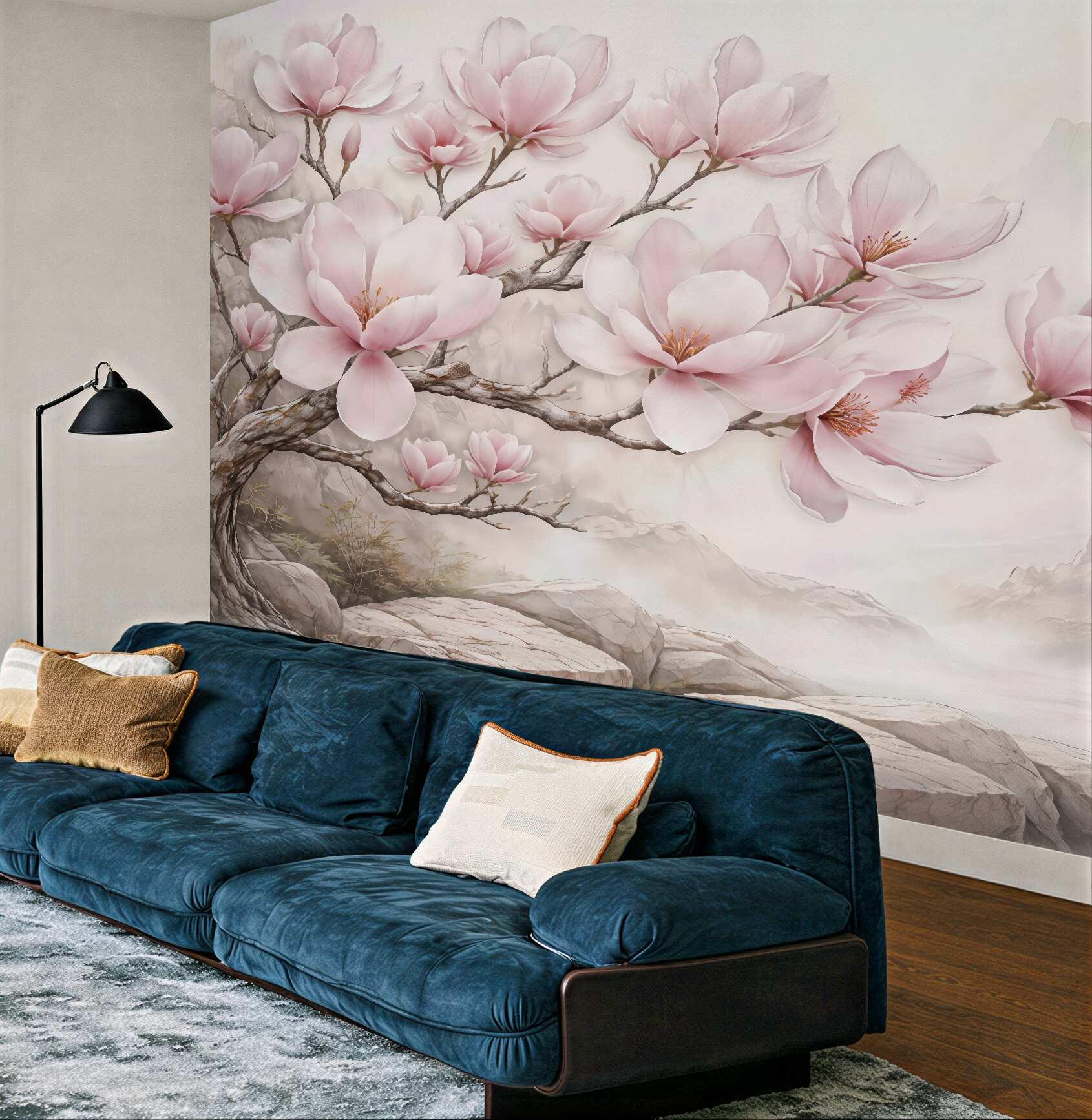 Fototapeta różowe magnolie w mglistych górach