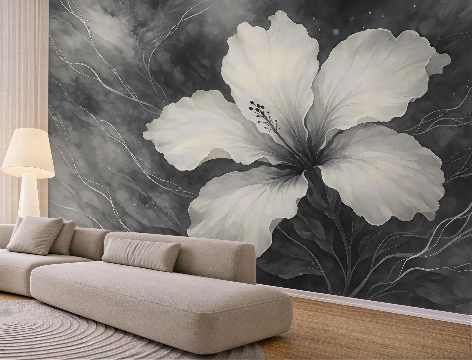 Fototapeta biały hibiskus w szarej elegancji