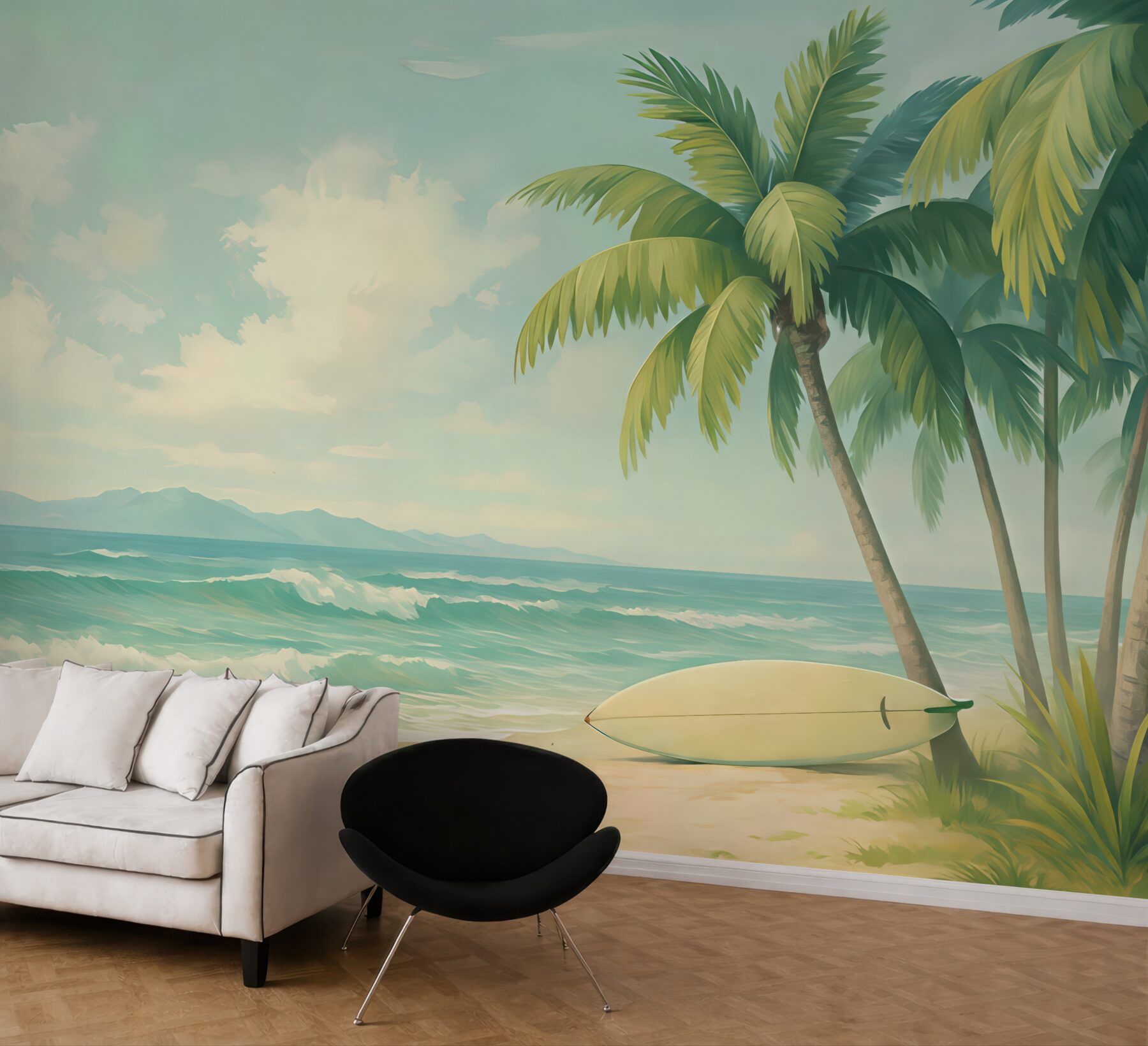 Fototapeta tropikalna plaża z palmami i deską