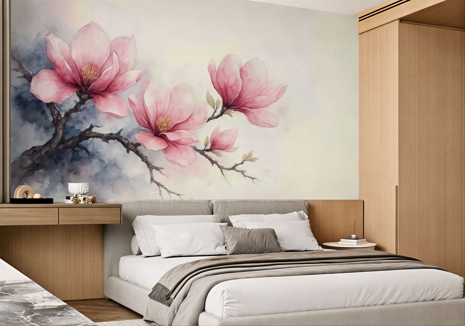 Fototapeta różowe magnolie w akwarelowej mgłce