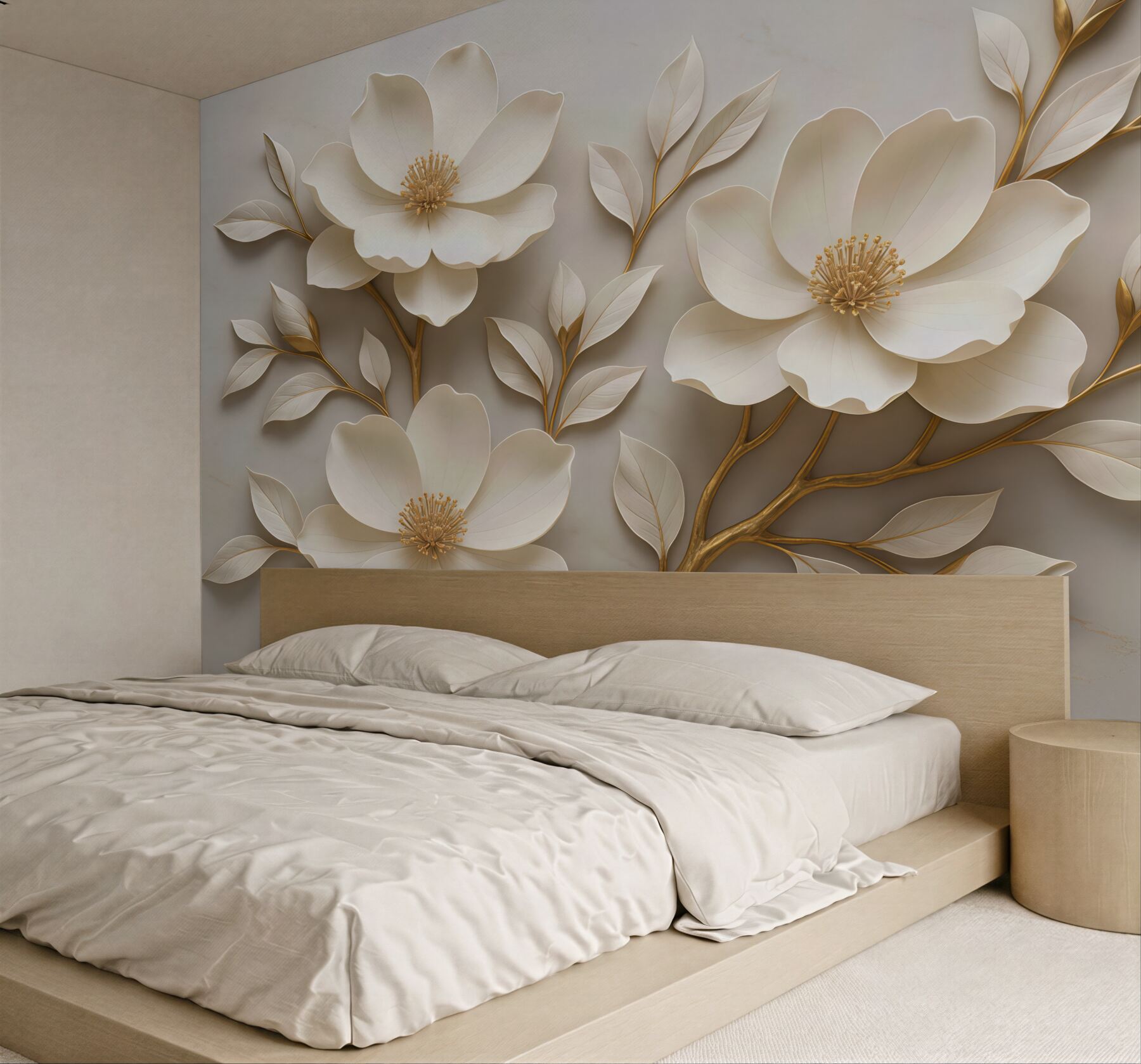 Fototapeta kremowe kwiaty ze złotymi gałązkami