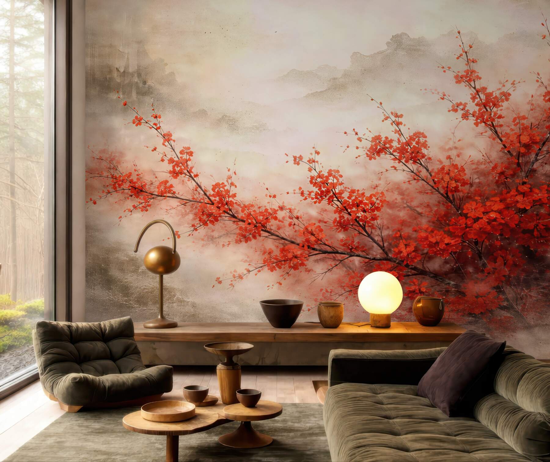 Fototapeta czerwone kwiaty wiśni we mgle