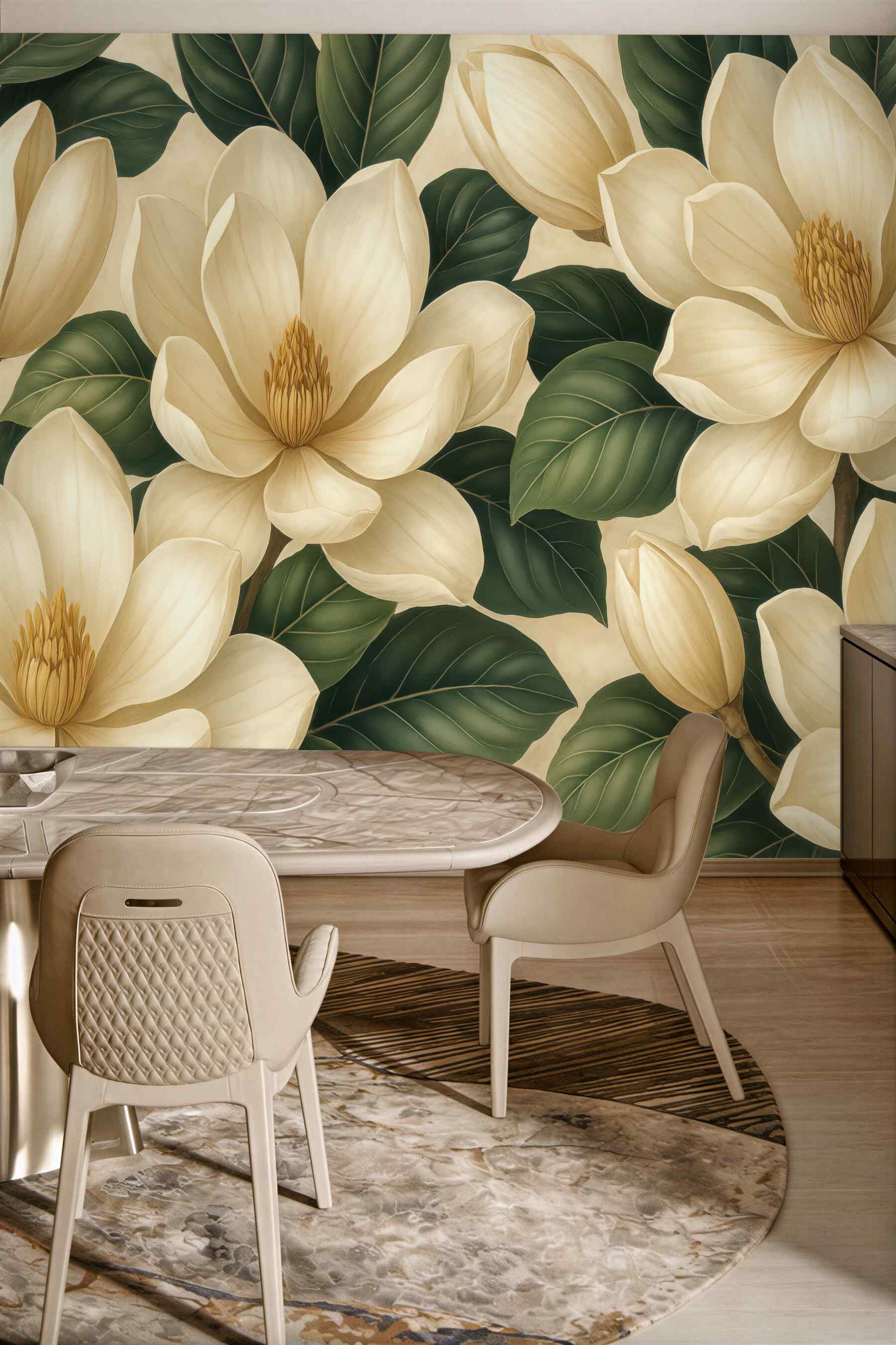 Fototapeta jasne magnolie na ciemnych liściach