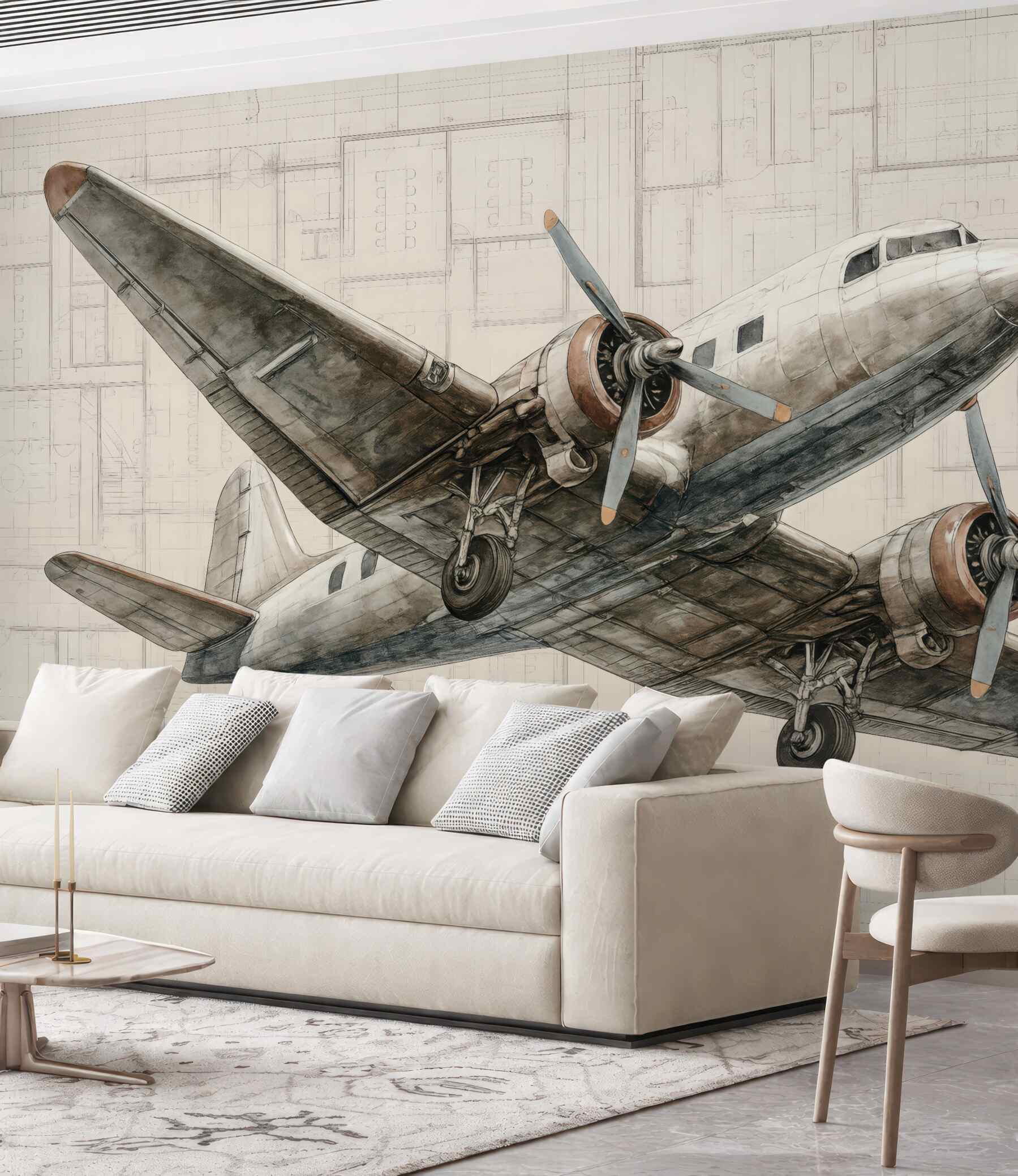 Fototapeta retro samolot na tle szkicu