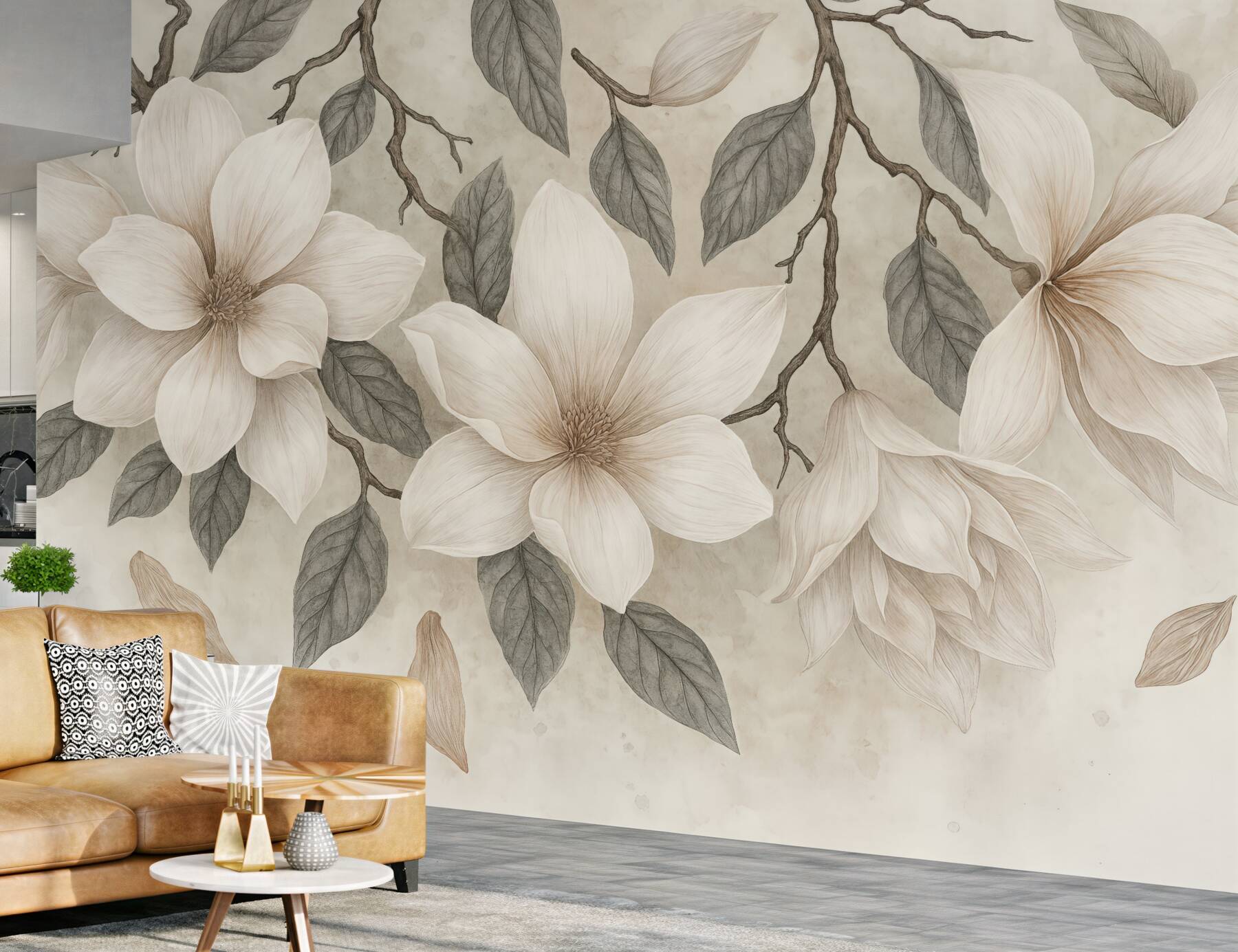 Fototapeta kremowe magnolie na delikatnych gałązkach