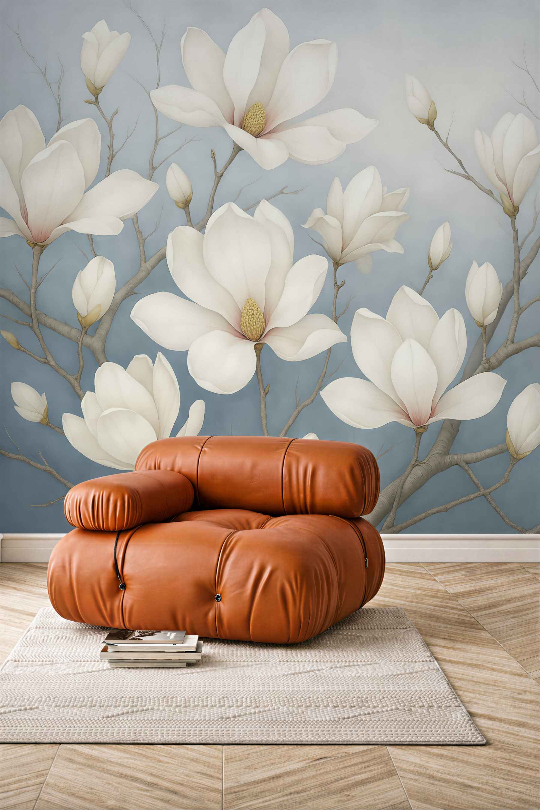 Fototapeta białe magnolie na błękitnych gałęziach
