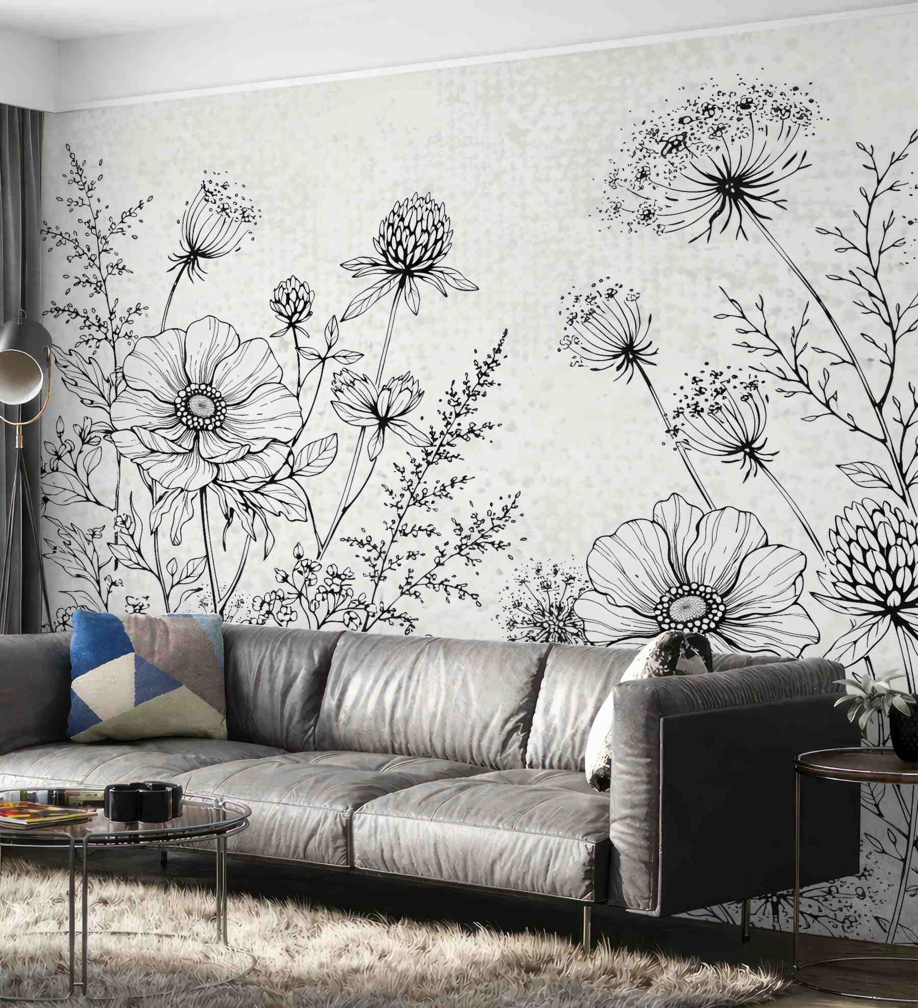 Fototapeta botaniczny szkic łąki w czerni