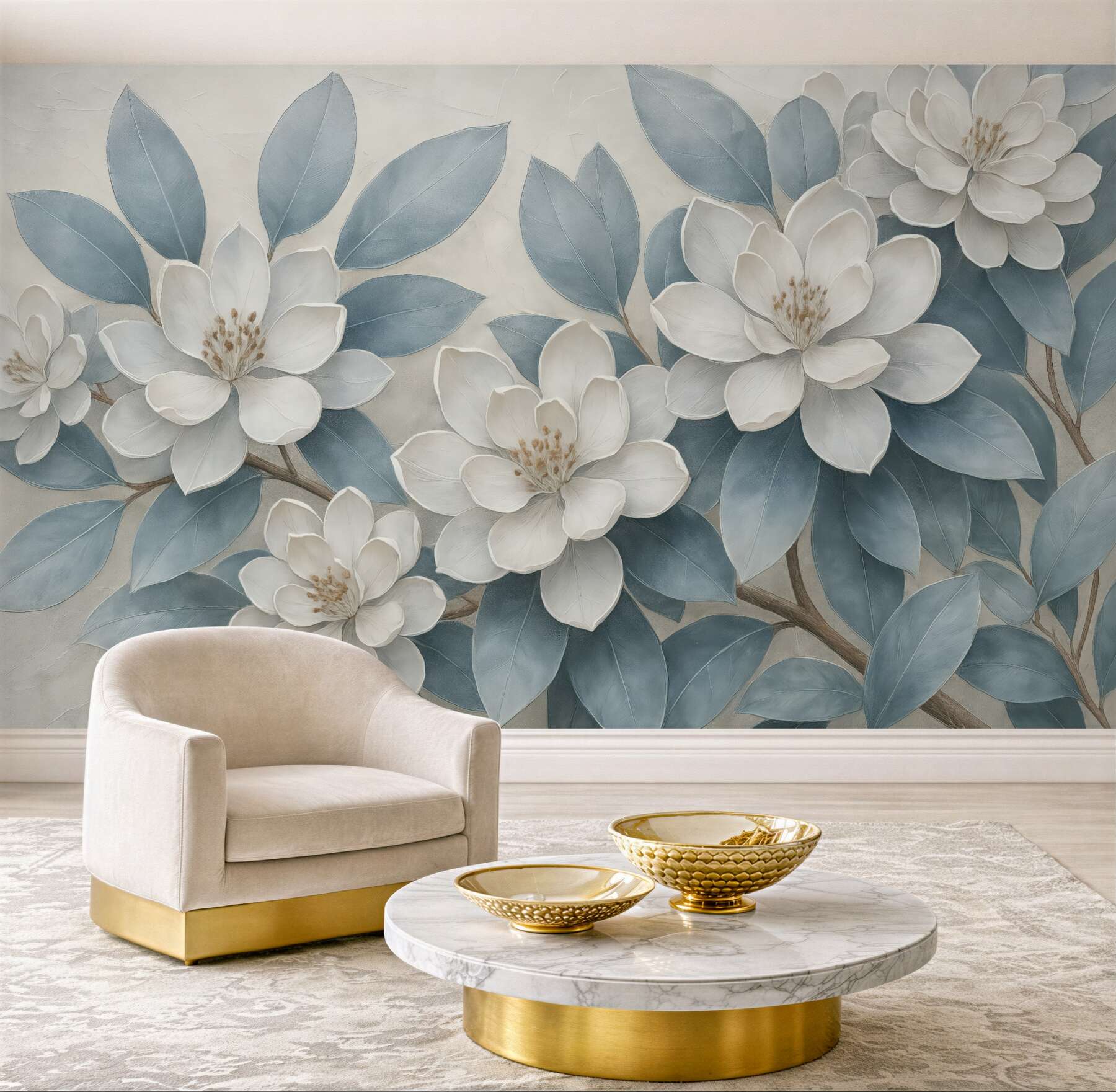 Fototapeta białe kwiaty z błękitnymi liśćmi