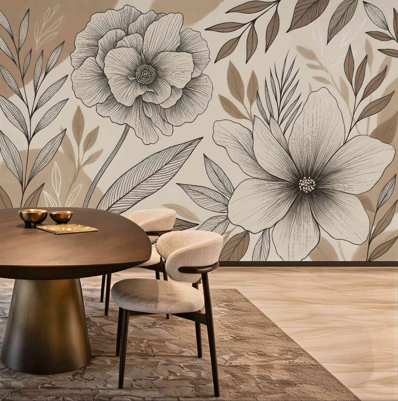 Fototapeta botaniczne kwiaty w beżowym szkicu