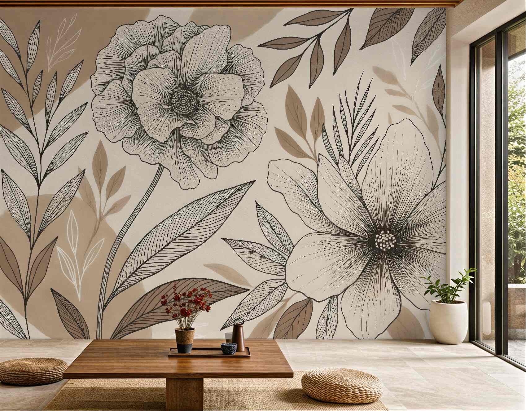 Fototapeta botaniczne kwiaty w beżowym szkicu