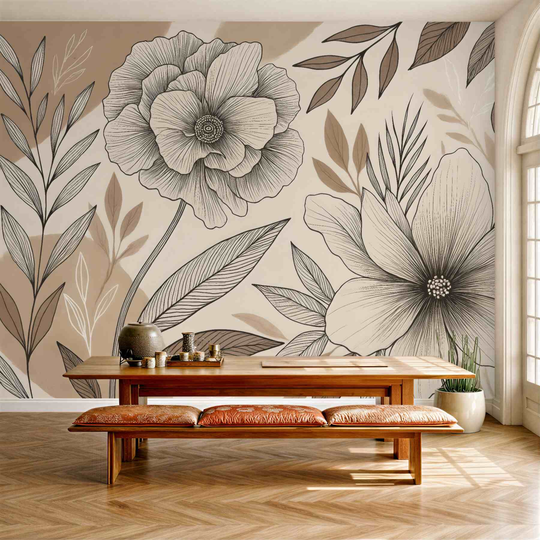 Fototapeta botaniczne kwiaty w beżowym szkicu