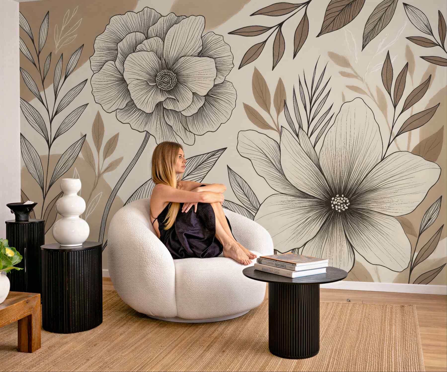 Fototapeta botaniczne kwiaty w beżowym szkicu